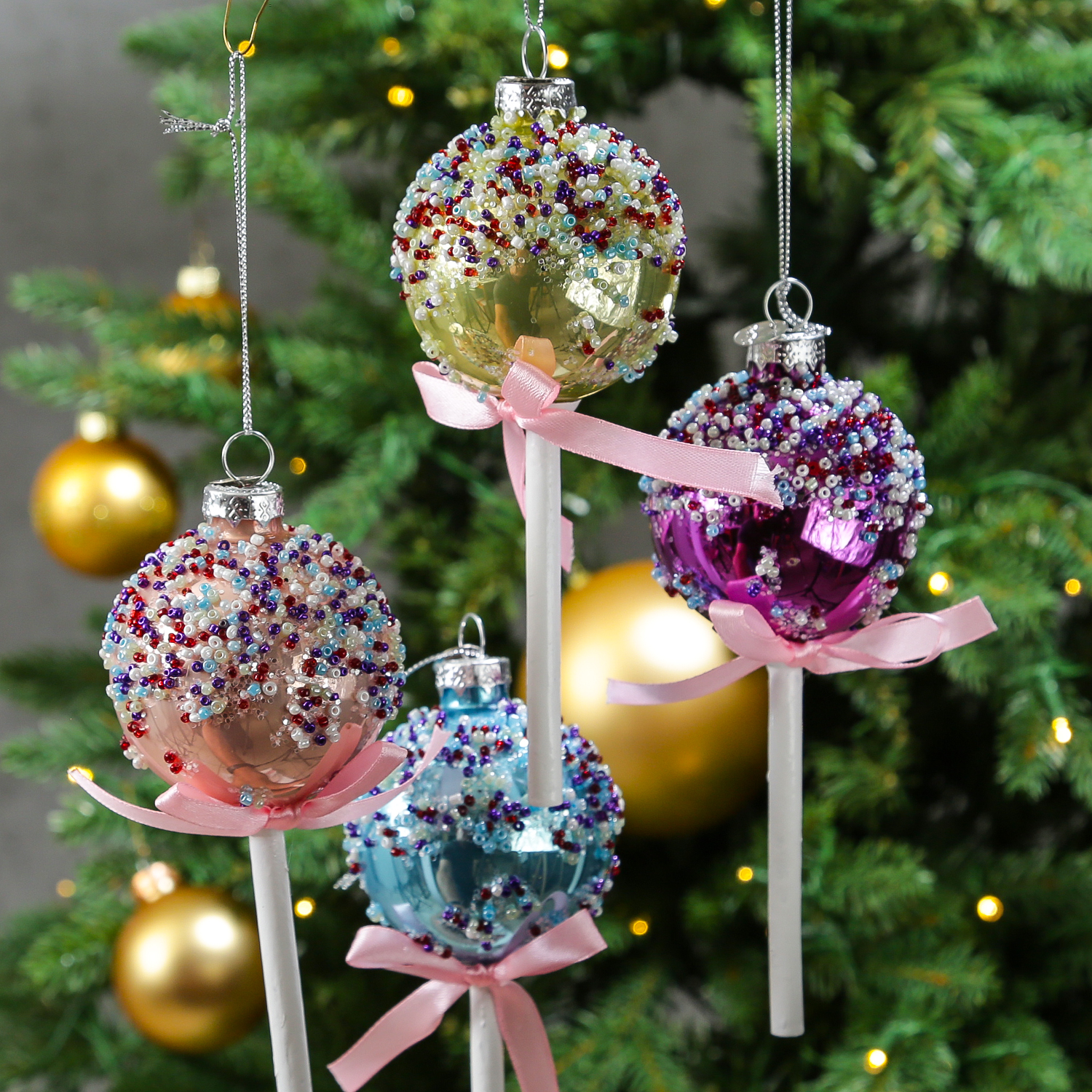 Weihnachtsbaumschmuck Lolli - mit Perlen verziert - Glas - Christbaumschmuck - H: 16cm - rosa Weihnachtsbaumschmuck Lolli - mit Perlen verziert - Glas - Christbaumschmuck - H: 16cm - rosa
