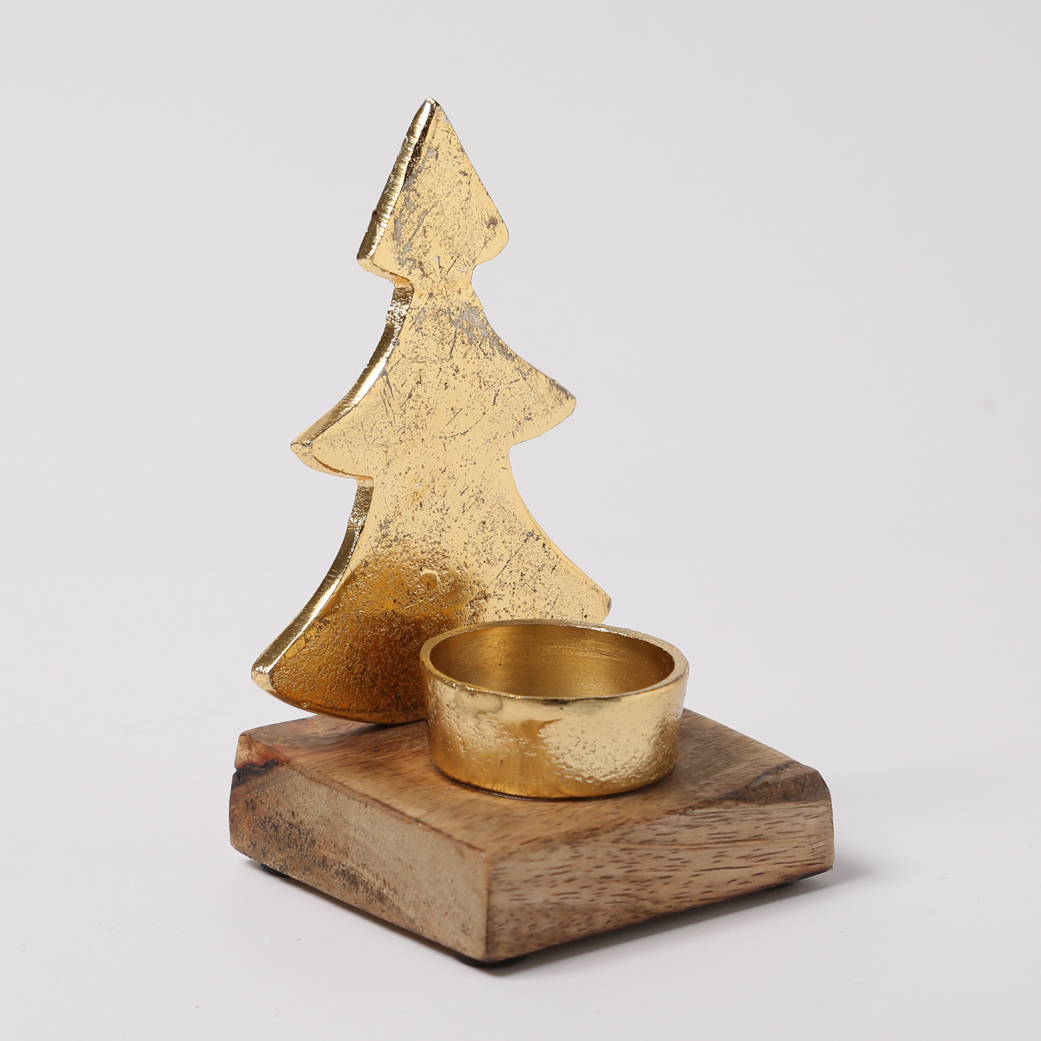 Teelichthalter TANNENBAUM - Aluminium - Mangoholzsockel - H: 13,2cm - natur, gold Teelichthalter TANNENBAUM - Aluminium - Mangoholzsockel - H: 13,2cm - natur, gold