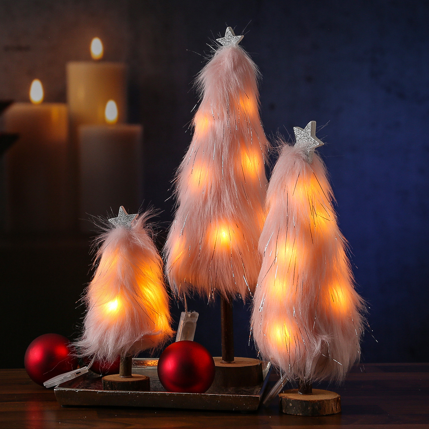 LED Dekobaum PLÜSCH - Holz - Plüschfell - warmweiße LED - Sternspitze - H: 36,5cm - Batterie - rosa