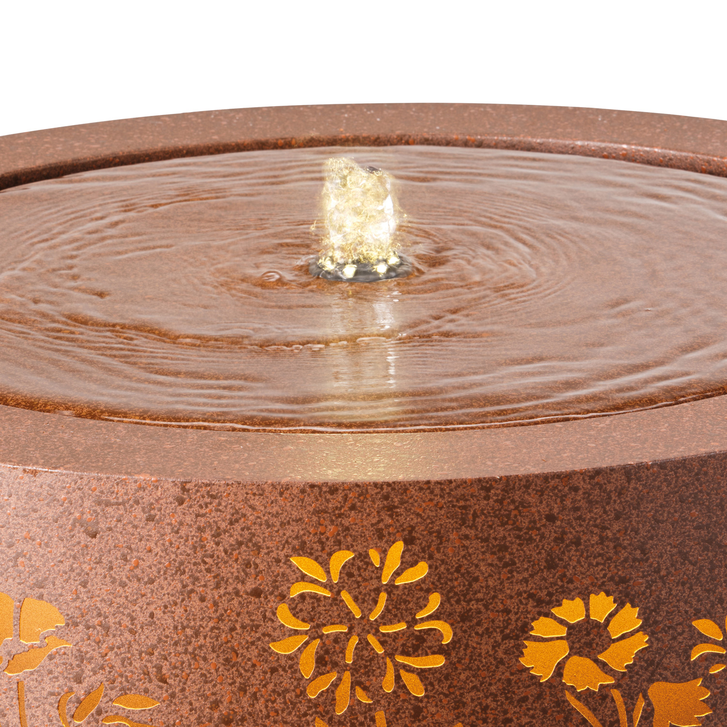 LED Brunnen mit Blumenwiesemuster - Gartenbrunnen - Stahl - D: 50cm - für Außen - rostbraun
