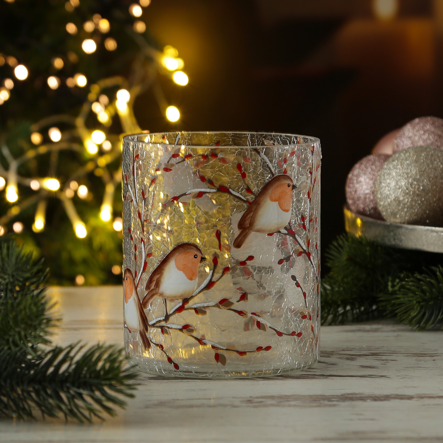 Teelichthalter ROTKEHLCHEN - Windlicht - Bruchglasoptik - Glas- H: 13cm - D: 11,5cm Teelichthalter ROTKEHLCHEN - Windlicht - Bruchglasoptik - Glas- H: 13cm - D: 11,5cm