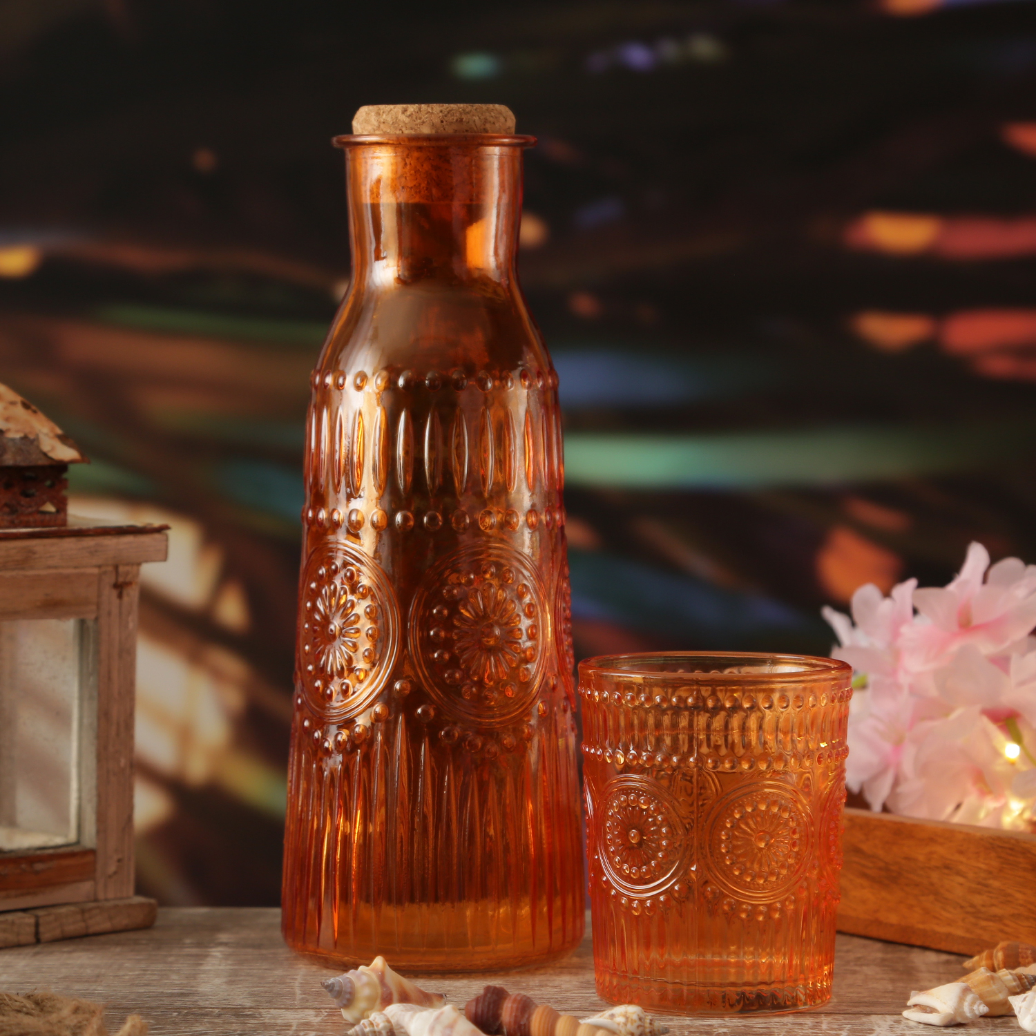 Karaffe Vintage mit Blumenmuster - Glaskaraffe - Kanne mit Korkendeckel - Boho Stil - 1l - orange