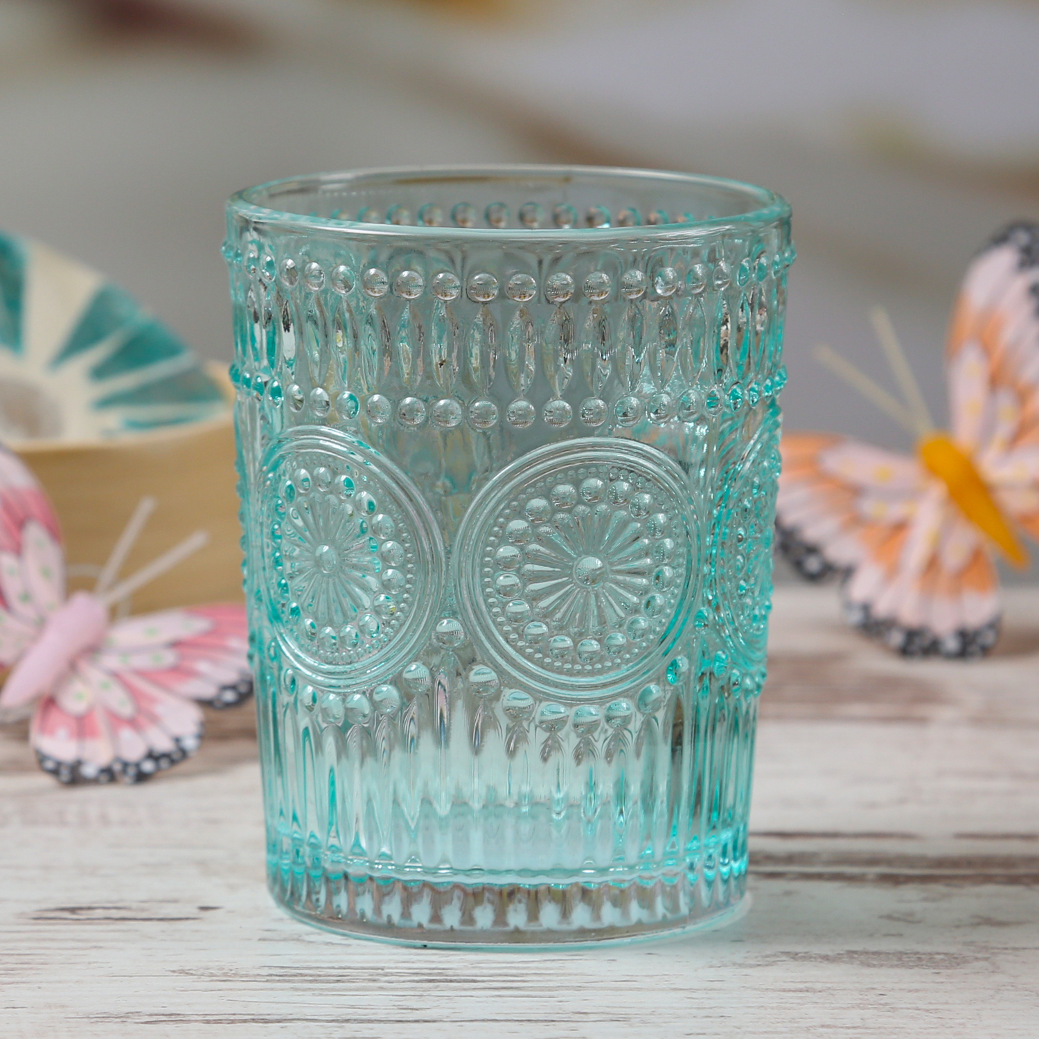 Trinkglas Vintage - Glas - lebensmittelecht - 280ml - H: 10cm - mit Muster - blau