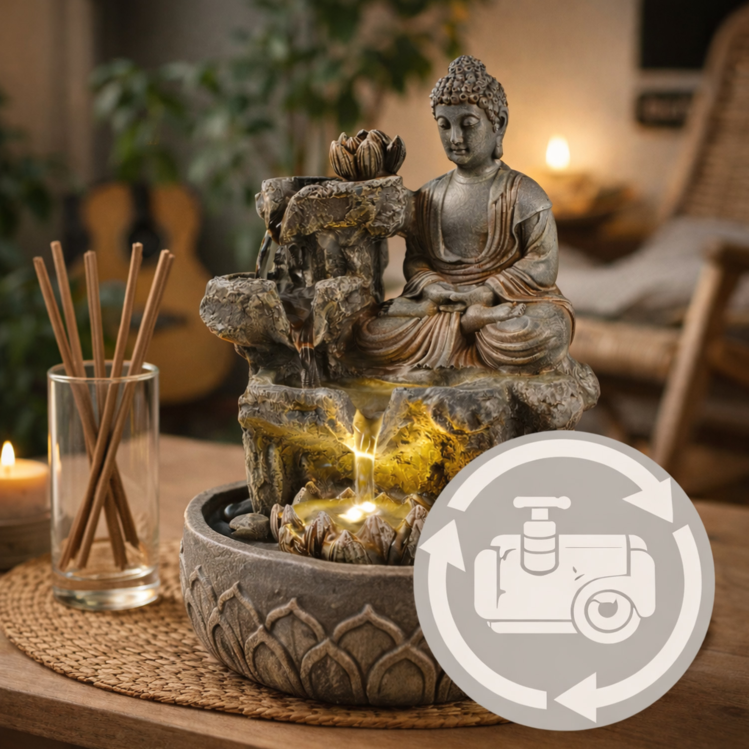 Brunnen LED Buddhafigur Kaskaden Zimmerbrunnen H 25cm Tischbrunnen