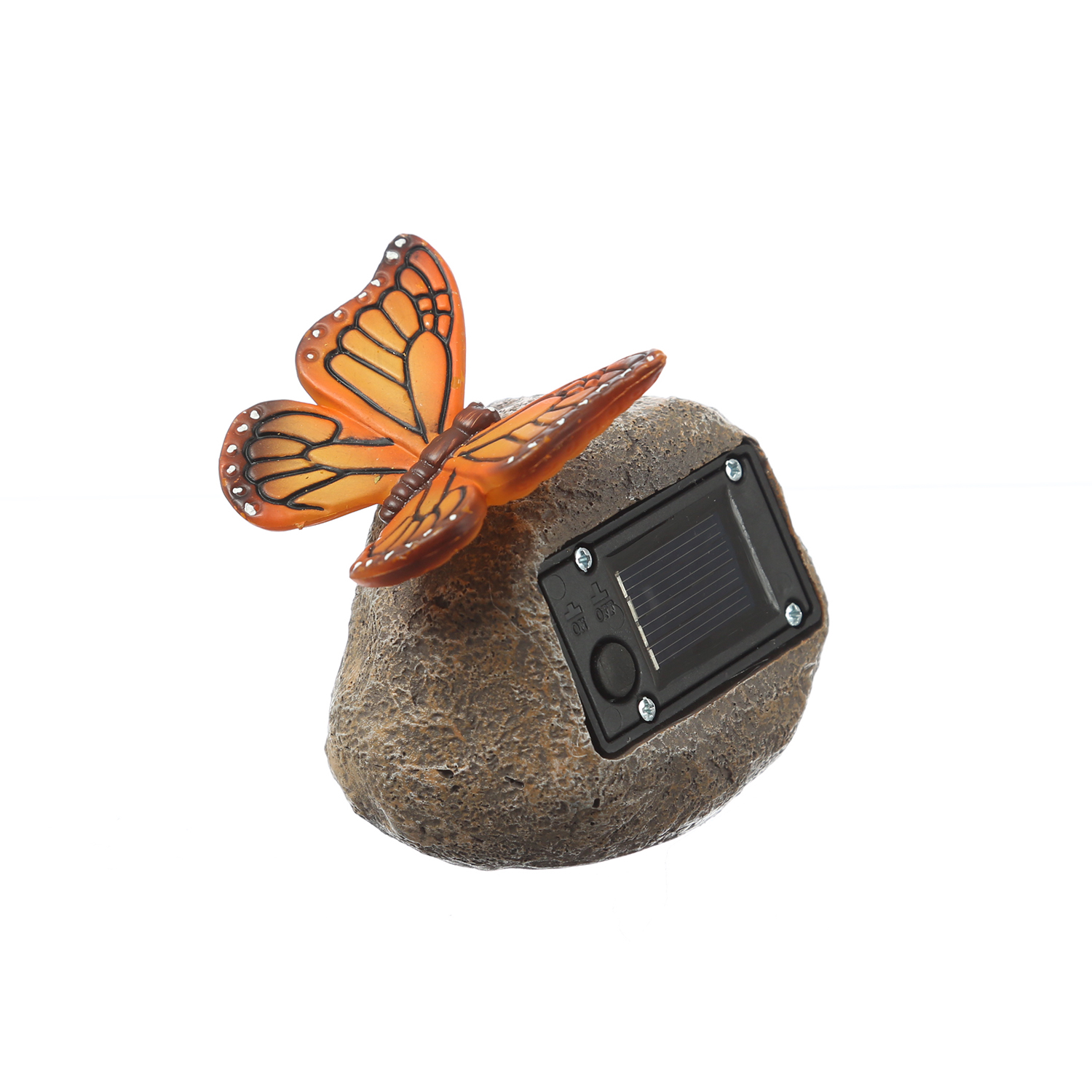 LED Solar Stein mit orangenem Schmetterling - Gartenfigur - warmweiße LED - H: 9cm - Lichtsensor