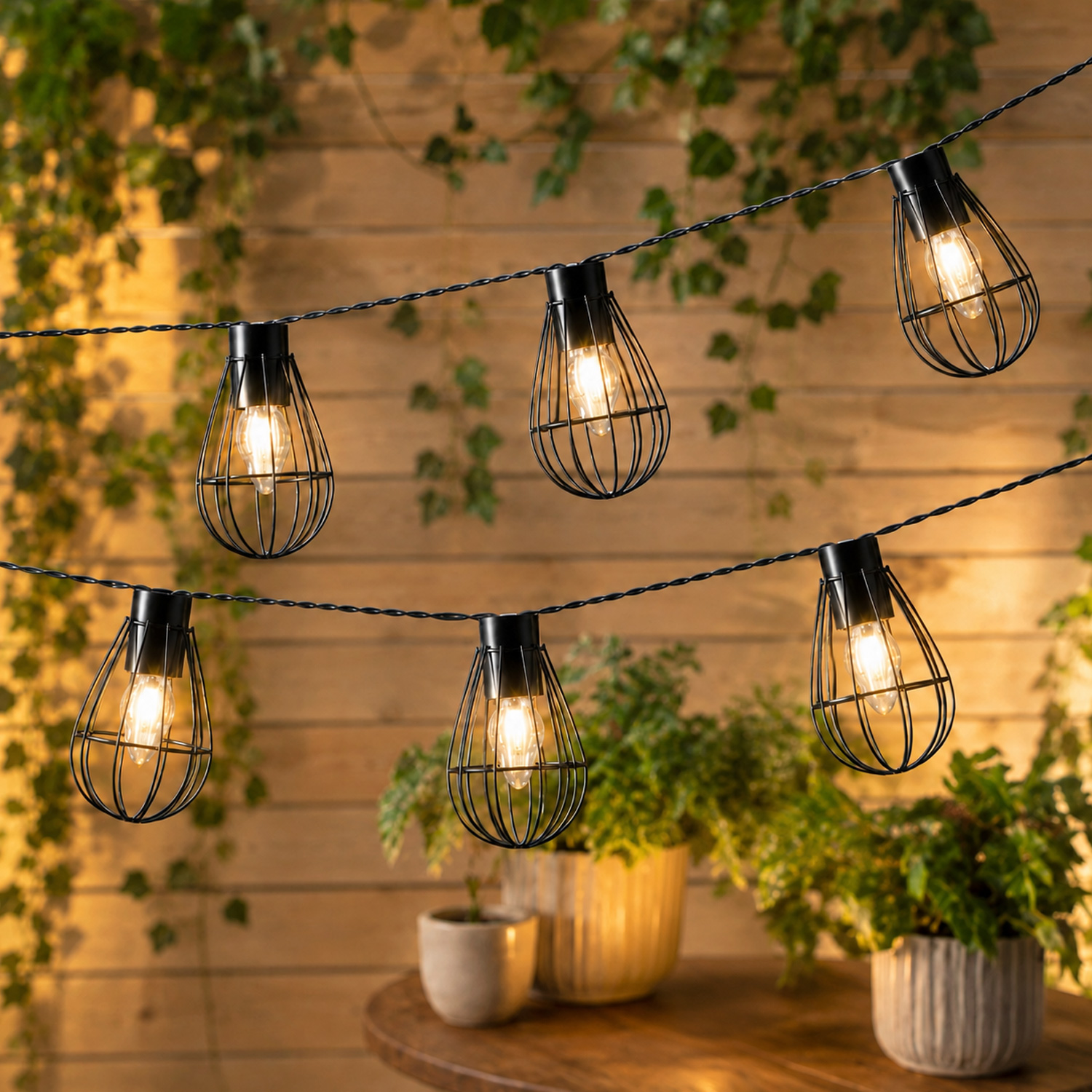 LED Solar Gitter Lichterkette INDUSTRIAL - 8 warmweiße Lampen - L: 1,5m - schwarz
