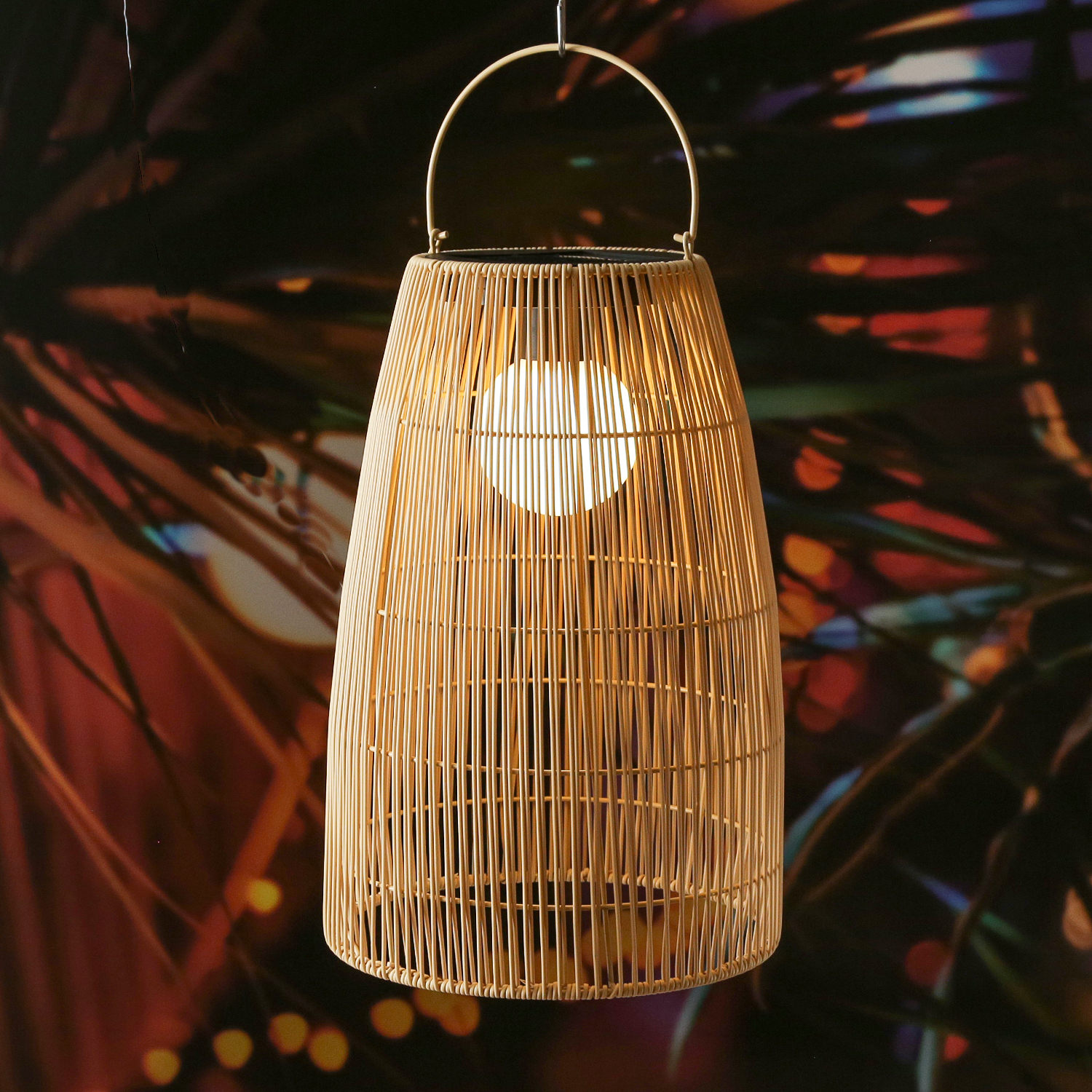 LED Solar Laterne-Haengeleuchte - Rattanoptik  - warmweisse LED - H- 43cm - Lichtsensor - natur