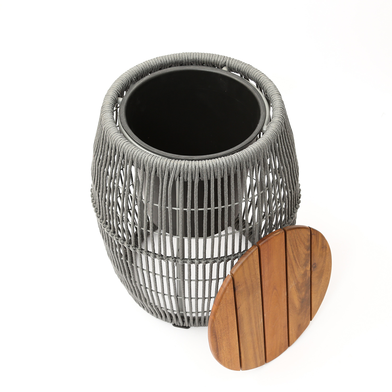 Garten Beistelltisch - integrierter Behälter - Kunststoffseil - H: 49cm - D: 40cm - grau