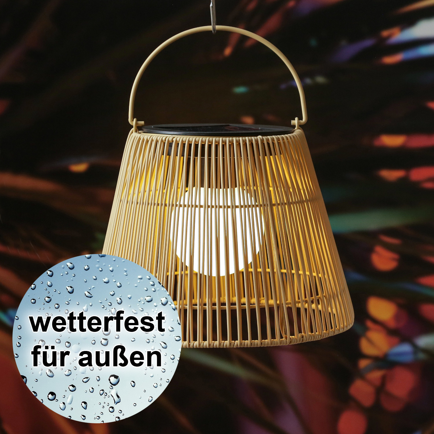 LED Solar Laterne/Hängeleuchte - Rattanoptik  - warmweiße LED - H 22cm - Lichtsensor - natur