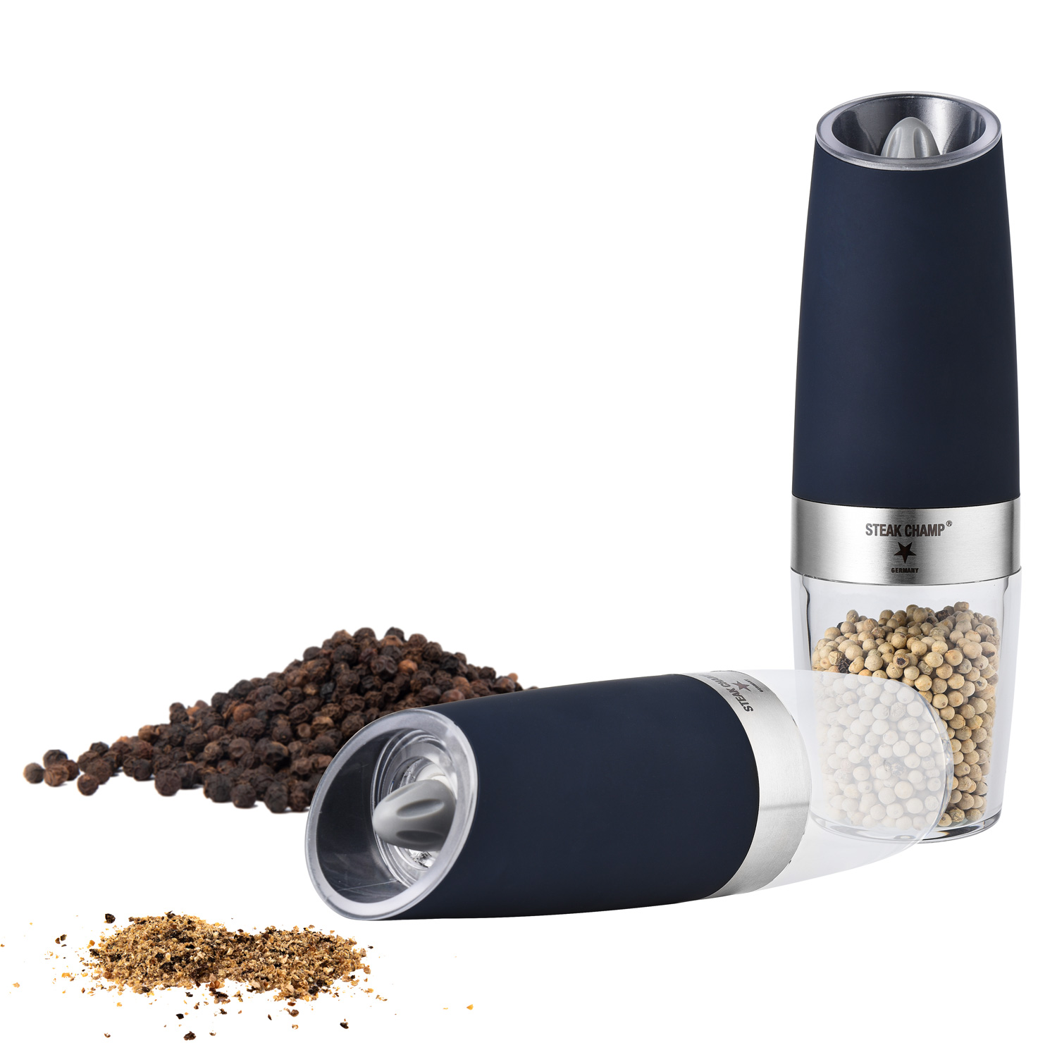 STEAK CHAMP Pfeffermühle mit Kippsensor und LED Licht - Keramikmahlwerk STEAK CHAMP Pfeffermühle mit Kippsensor und LED Licht - Keramikmahlwerk