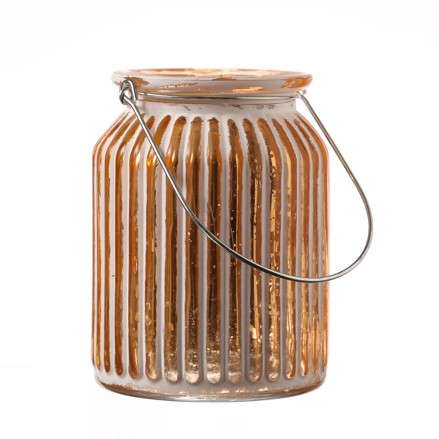 Windlicht - geriffeltes Glas - Metallhenkel - H: 14,5cm - weiß, kupfer Windlicht - geriffeltes Glas - Metallhenkel - H: 14,5cm - weiß, kupfer