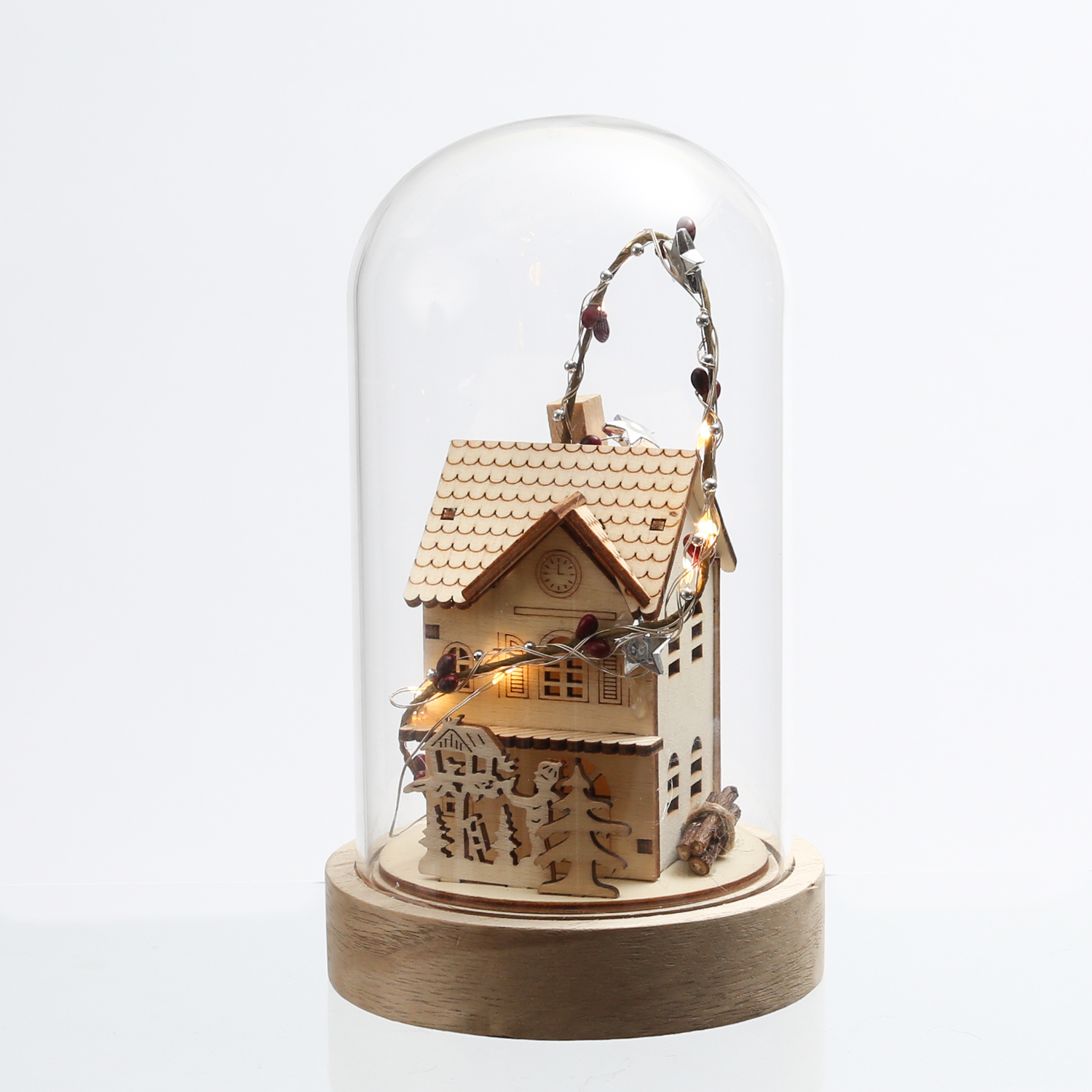 LED Deko Glaskuppel Holzhaus - 10 warmweiße LED - H: 20cm - Batterie - Innen - hellbraun LED Deko Glaskuppel Holzhaus - 10 warmweiße LED - H: 20cm - Batterie - Innen - hellbraun