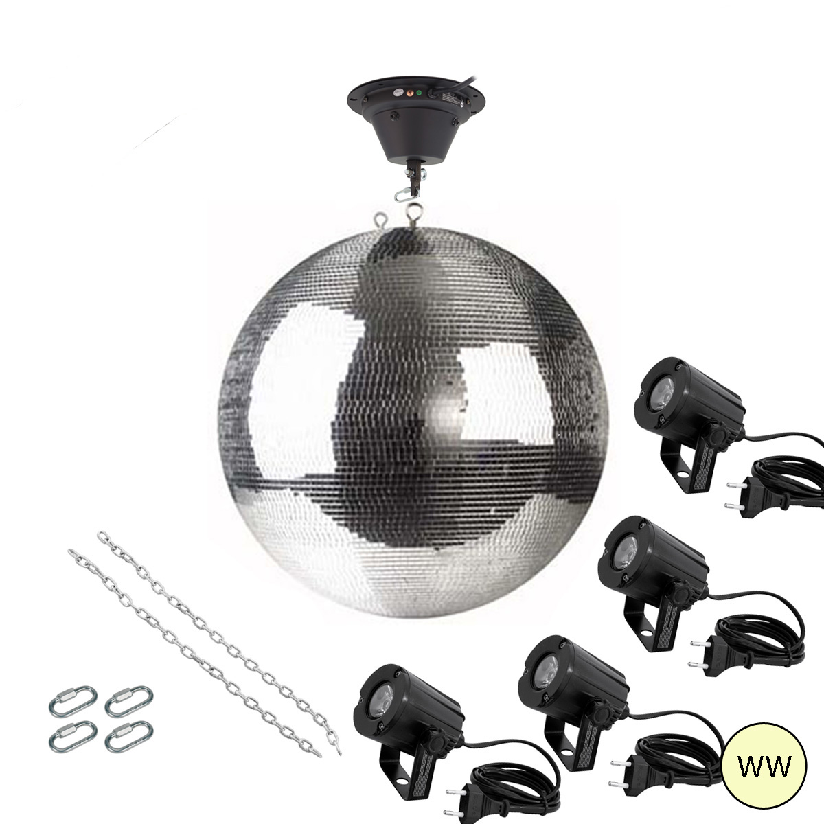 Spiegelkugel Komplettset - Discokugel, Motor, Pinspot, Montagematerial für Diskokugel - Mirrorball Set - Partyset Spiegelkugel Komplettset - Discokugel, Motor, Pinspot, Montagematerial für Diskokugel - Mirrorball Set - Partyset