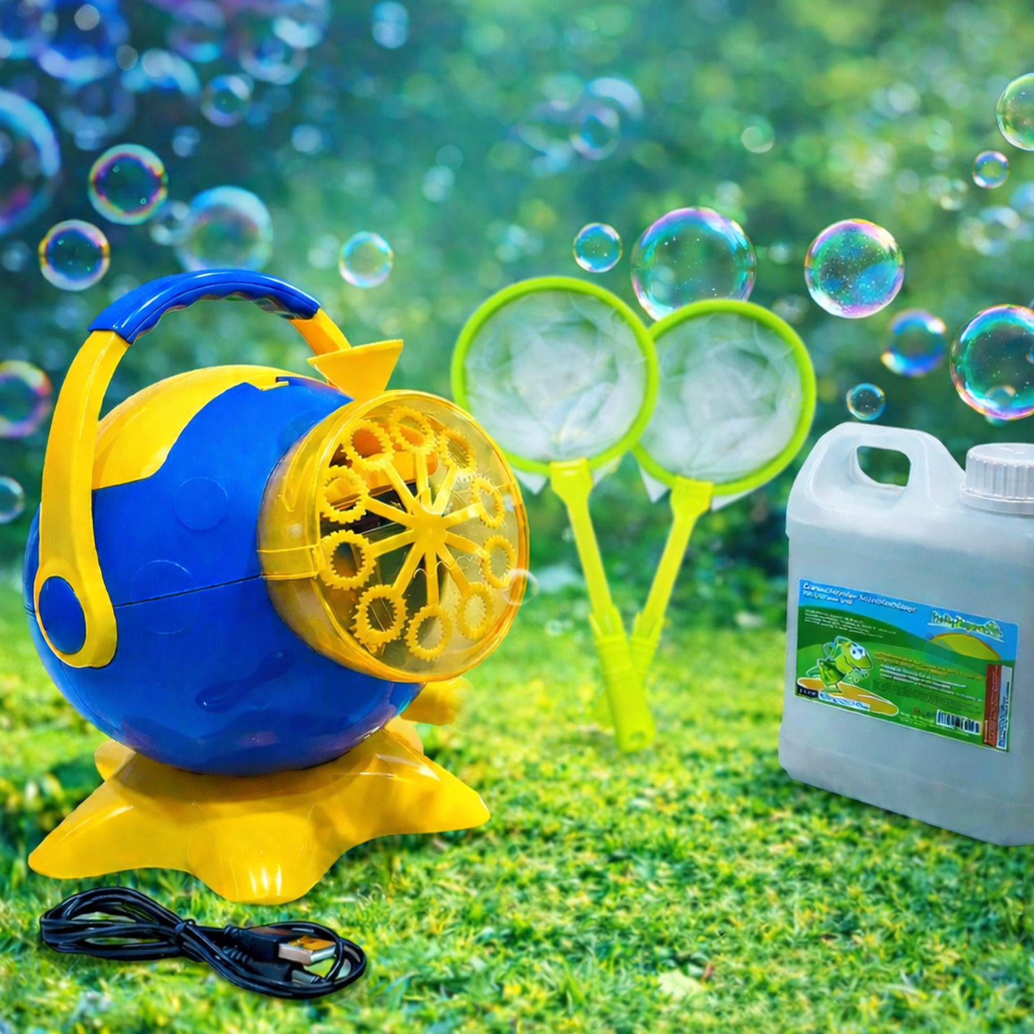 HOLLYHOPPER® Seifenblasenmaschinen Set mit 1L Qualitäts-Fluid 2x Fang-Kescher