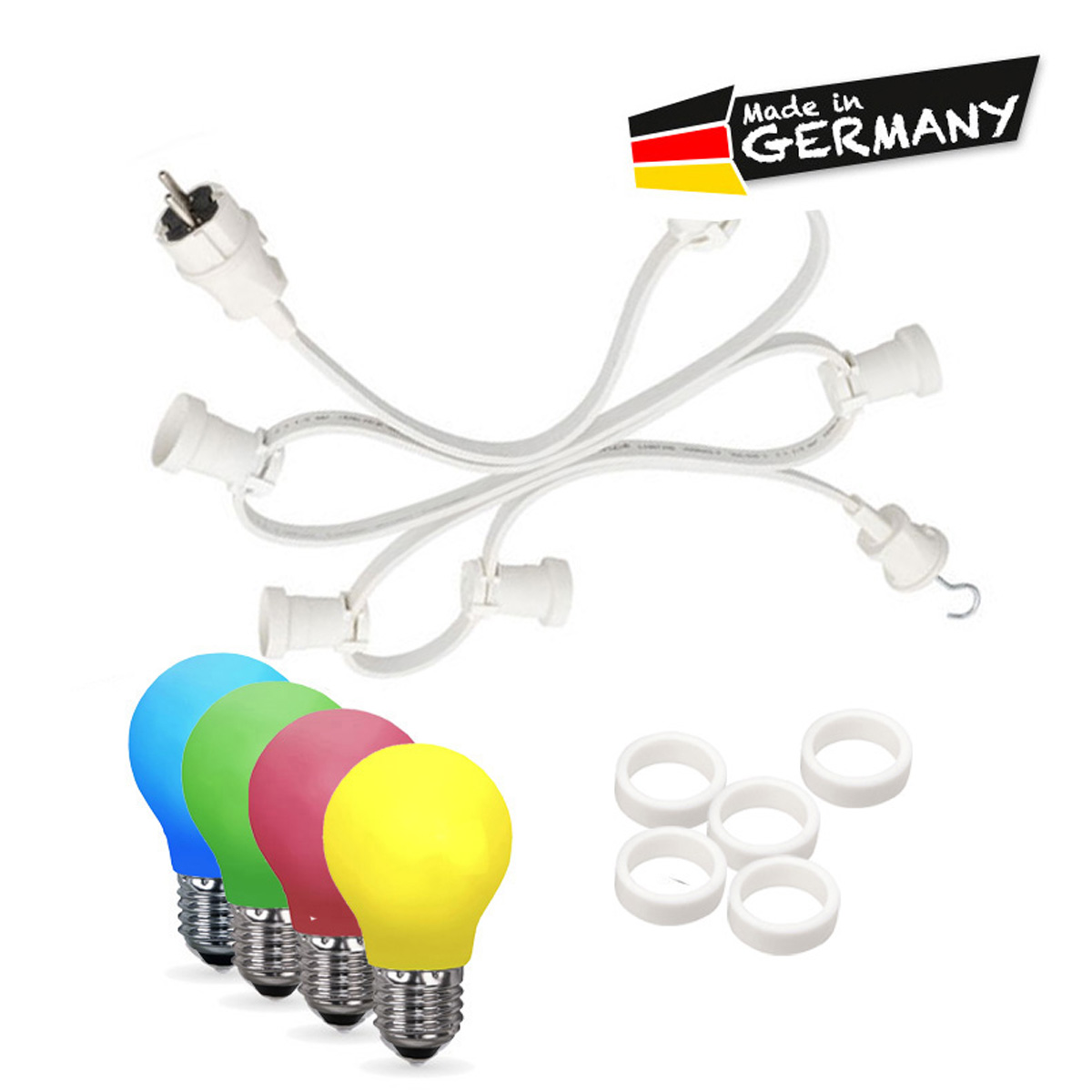 Illu-/Partylichterkette 10m | Außenlichterkette weiß | Made in Germany | 30 x bunte LED Tropfenlampe Illu-/Partylichterkette 10m | Außenlichterkette weiß | Made in Germany | 30 x bunte LED Tropfenlampe
