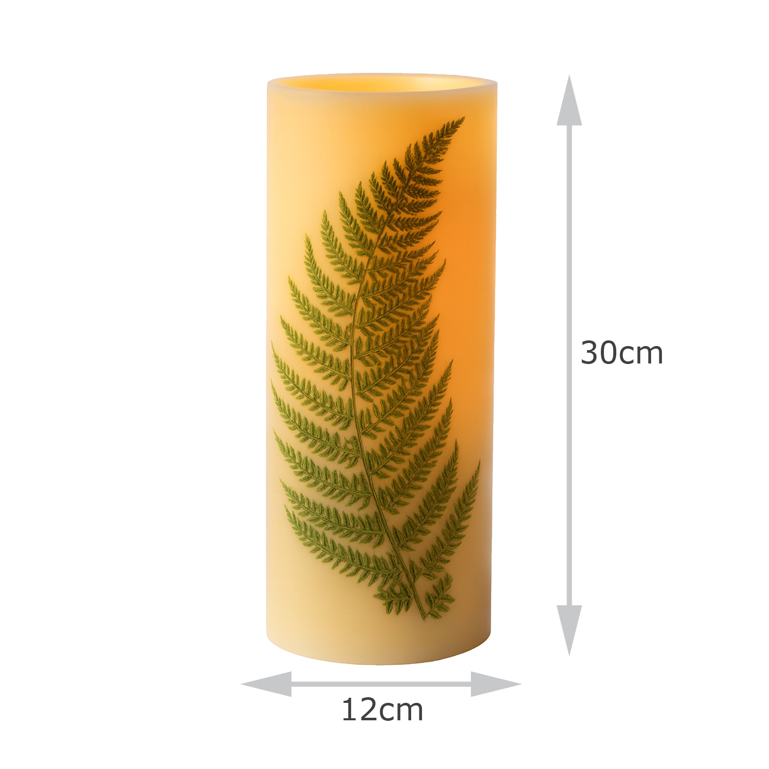 XXL LED Kerze mit Farndruck - Echtwachs - flackernde LED - H: 30cm - D: 12cm - weiß/grün