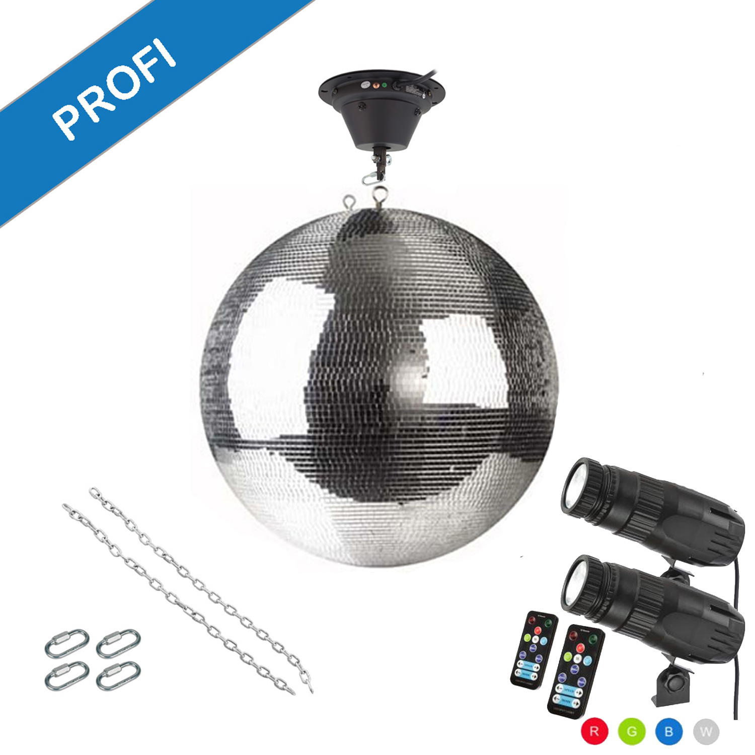 Spiegelkugel Komplettset - Discokugel, Motor, Pinspot, Montagematerial für Diskokugel - Mirrorball Set - Partyset