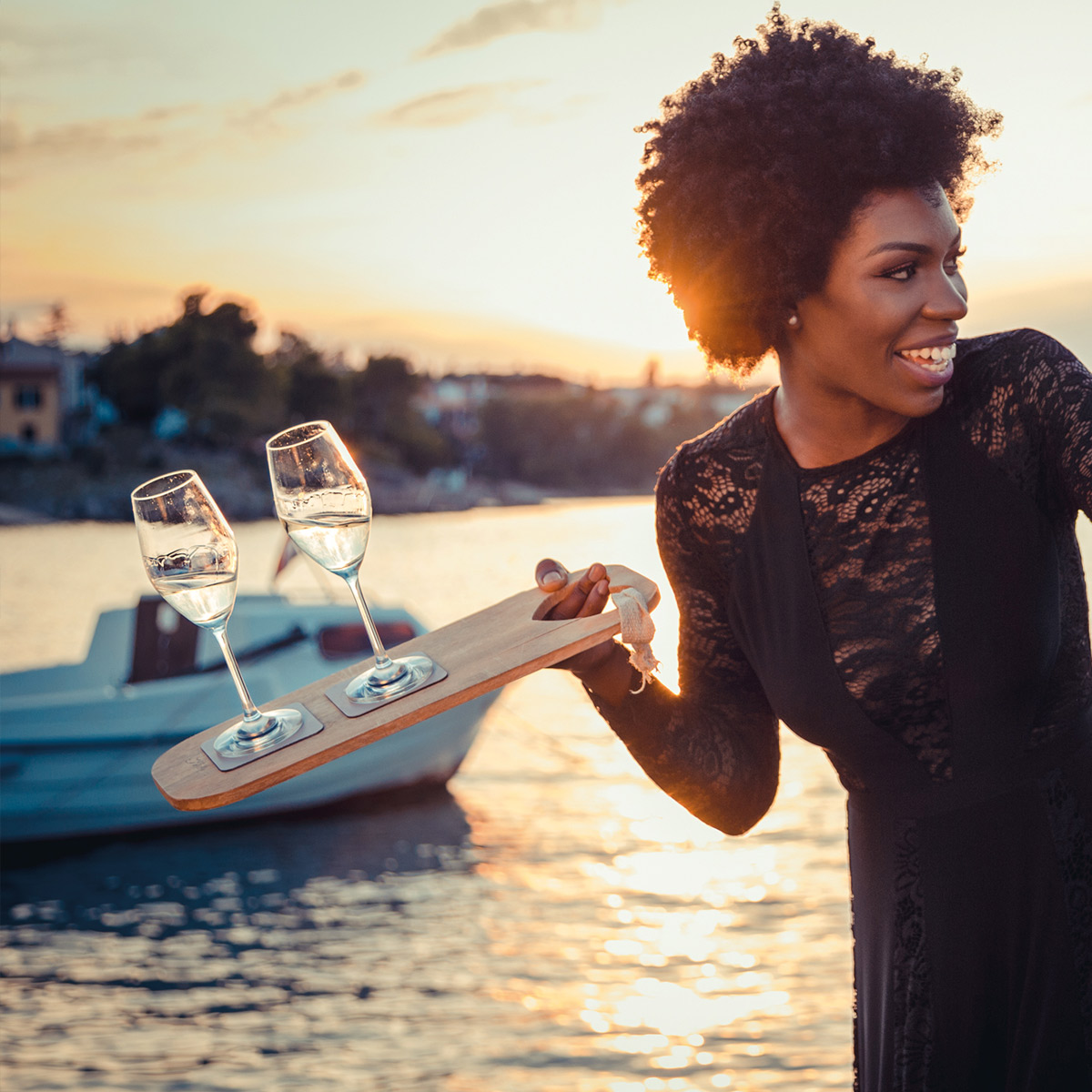 SILWY Prosecco Set - 2 x Kristallgläser + Metall-Nano-Gel-Pads + Prosecco 0,75L - Geschenkbox