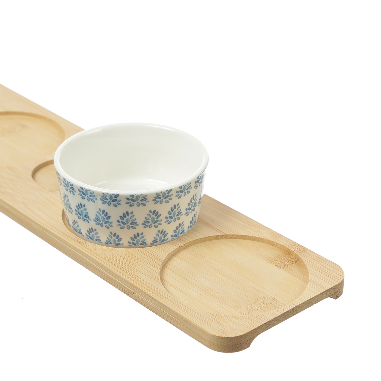 Tapas Set - Servierset - Holzbrett mit 4 Schalen - L: 40cm - Porzellan - weiß, blau