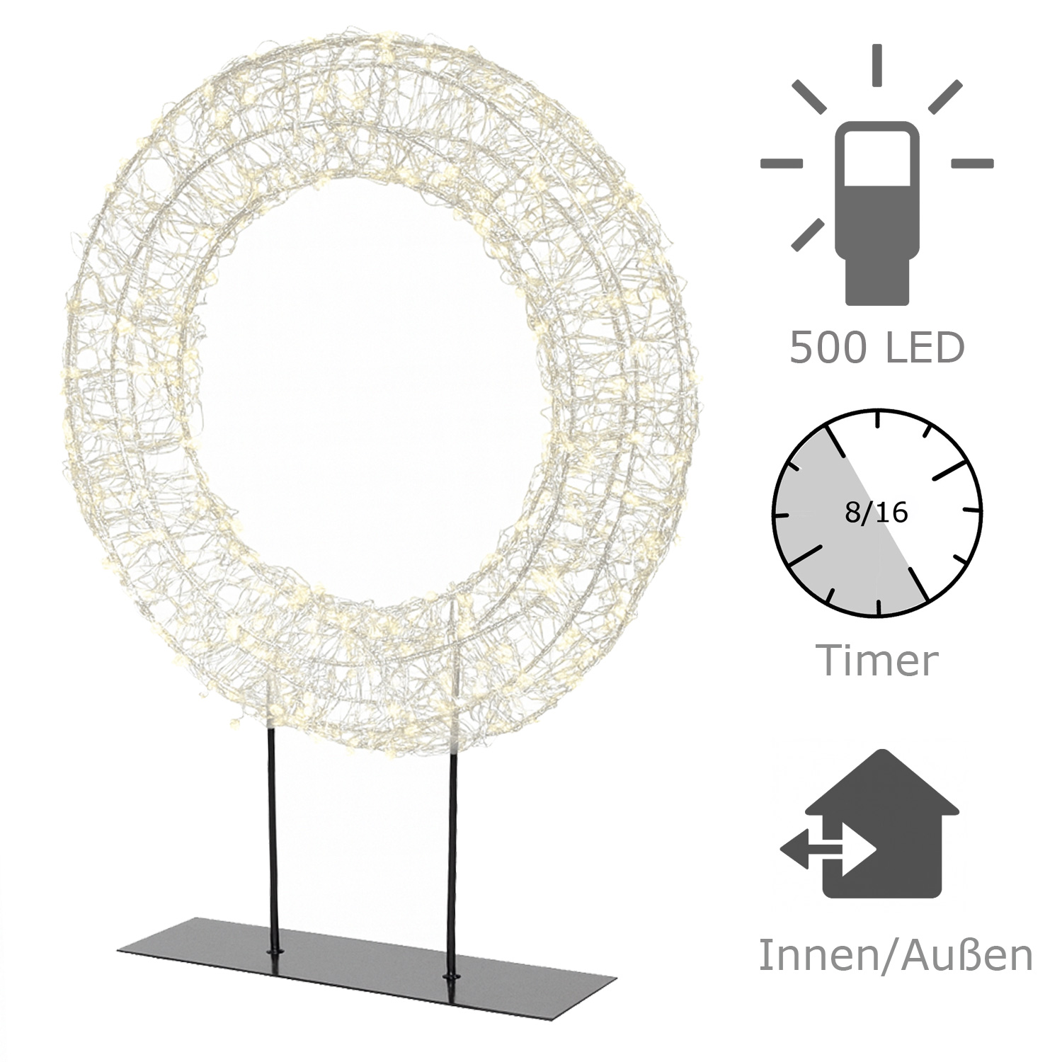 LED Kranz - Leuchtkranz stehend - 500 warmweiße LED - H: 51cm - Timer - für Innen/Außen