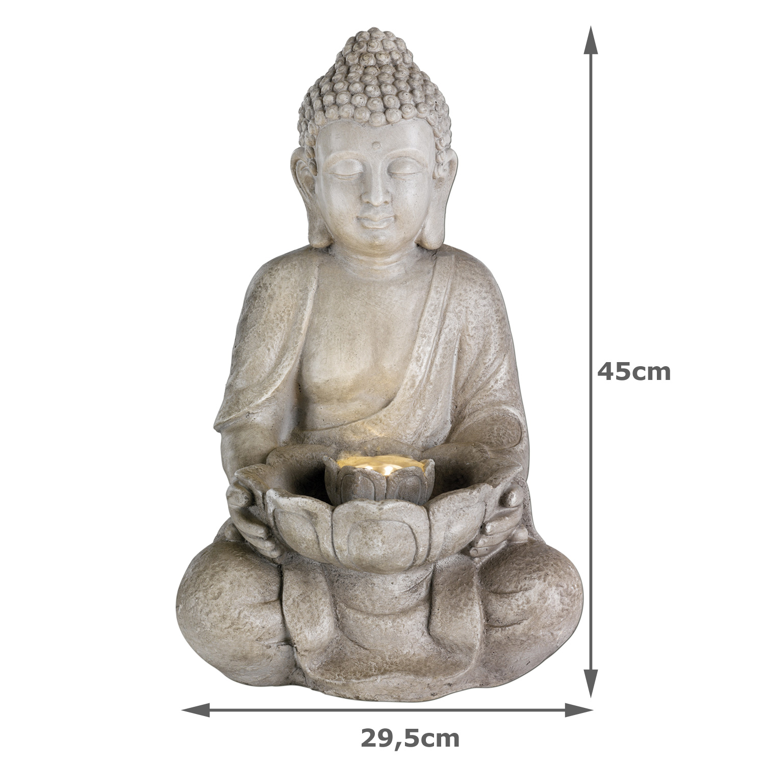 LED Brunnen Buddha - Gartenbrunnen - GRC Beton - 6 warmweiße LED - H: 45cm - Außen - grau