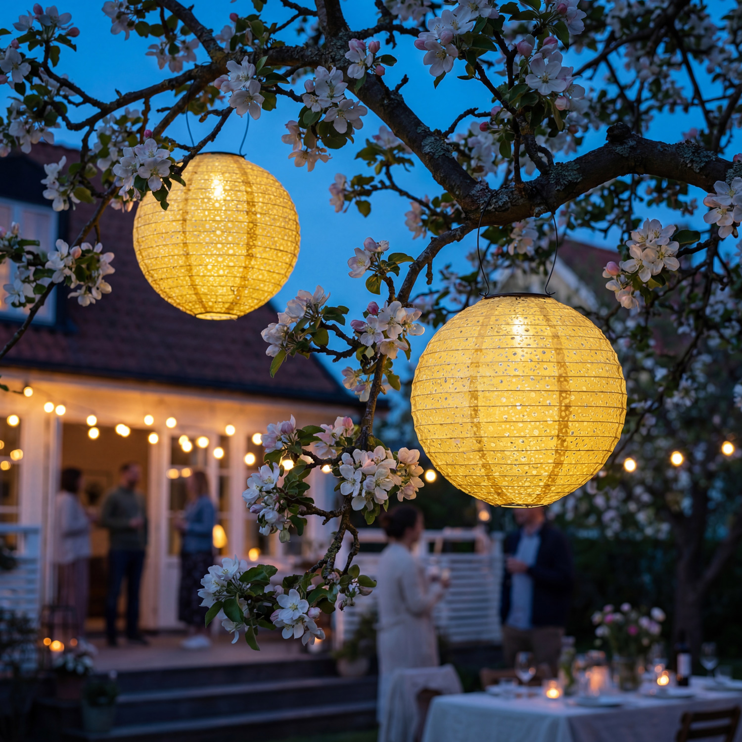 LED Solar Lampion - mit Blumenmuster - H: 25cm D: 25cm - Lichtsensor - gelb - 2er Set