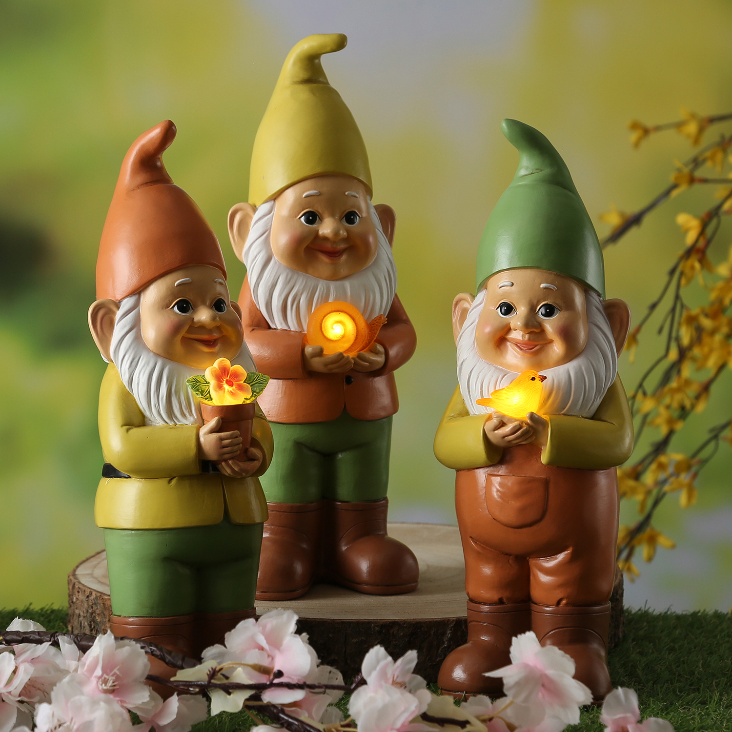 LED Solar Gartenzwerg mit Vogel - Gartenfigur - warmweiße LED - Lichtsensor - H: 28,5cm