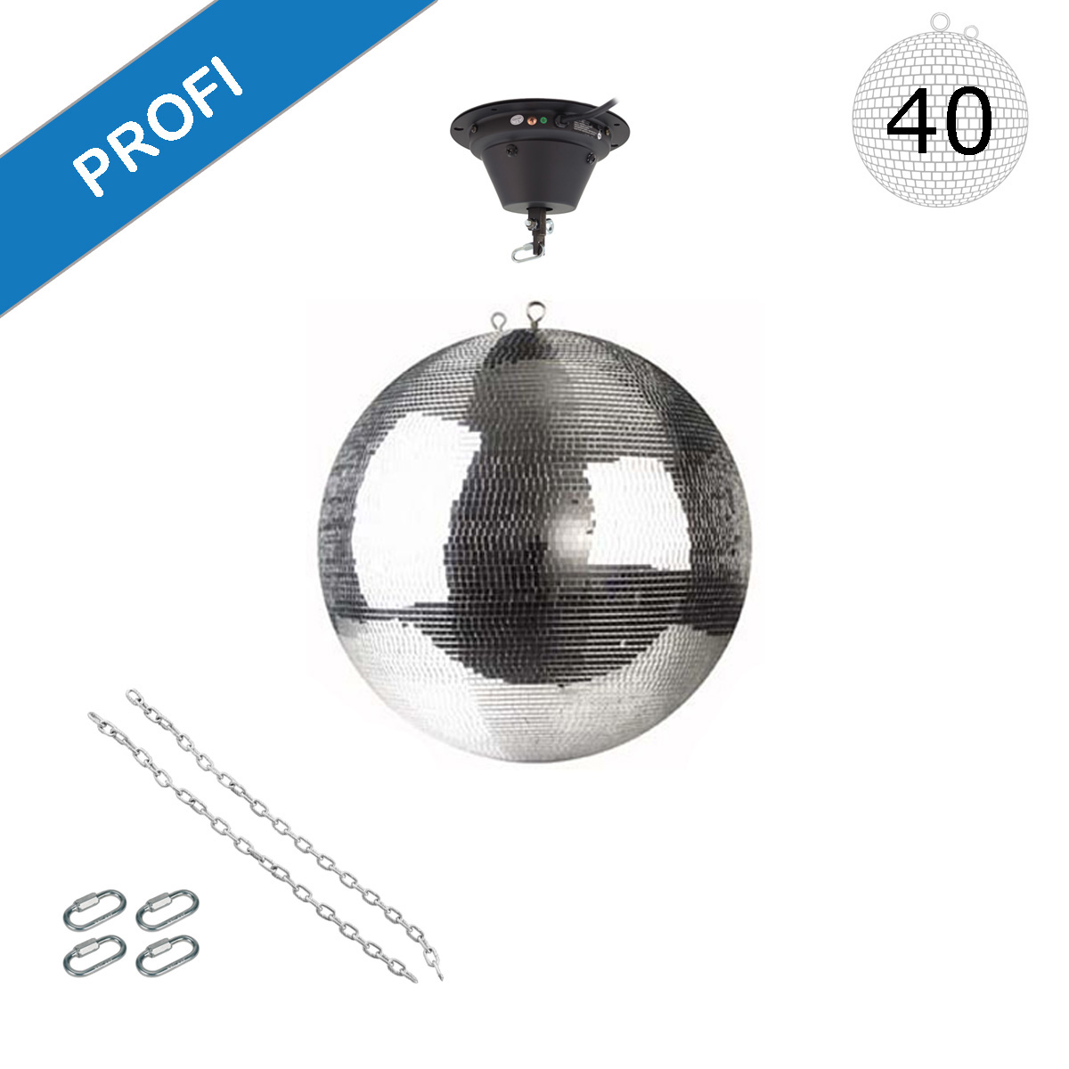 Spiegelkugel Set 40cm Kugel PROFI + Motor MBM-404, 2 Ketten, 4 Kettenglieder