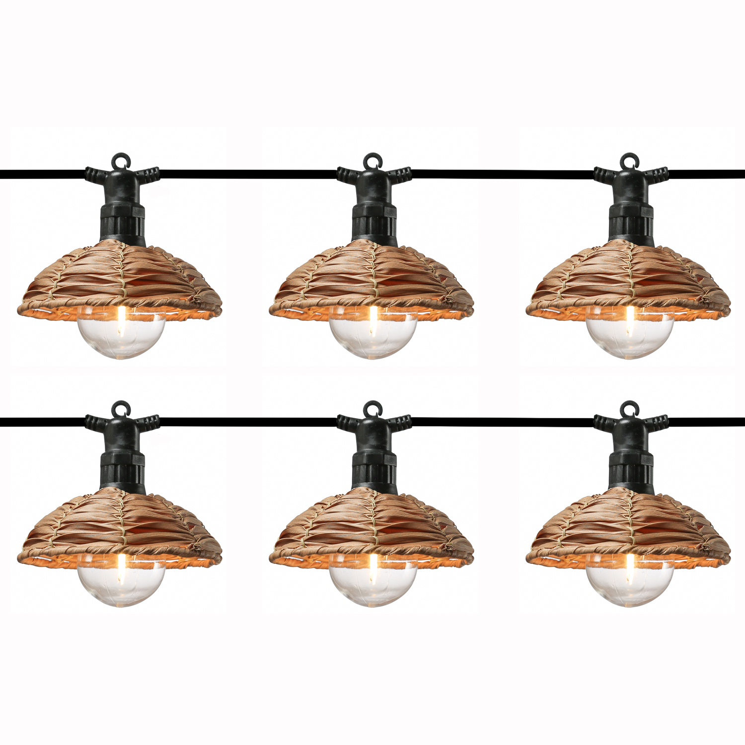 LED Lichterkette BOHO - 6 beluchtete Lampenschire in Korbgeflecht-Optik aus Kunststoff - L: 3,5m