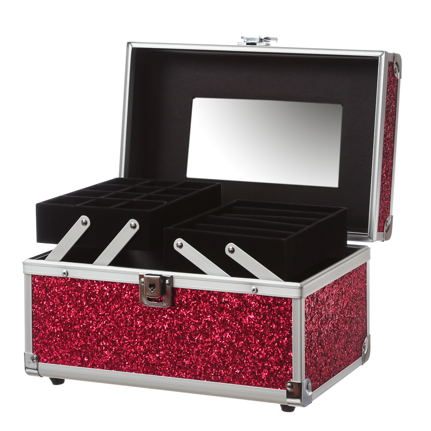MARELIDA® Schmuckkoffer in Rot mit Glitzeroptik | Premium Schmuckkästchen für Schmuck & Co.