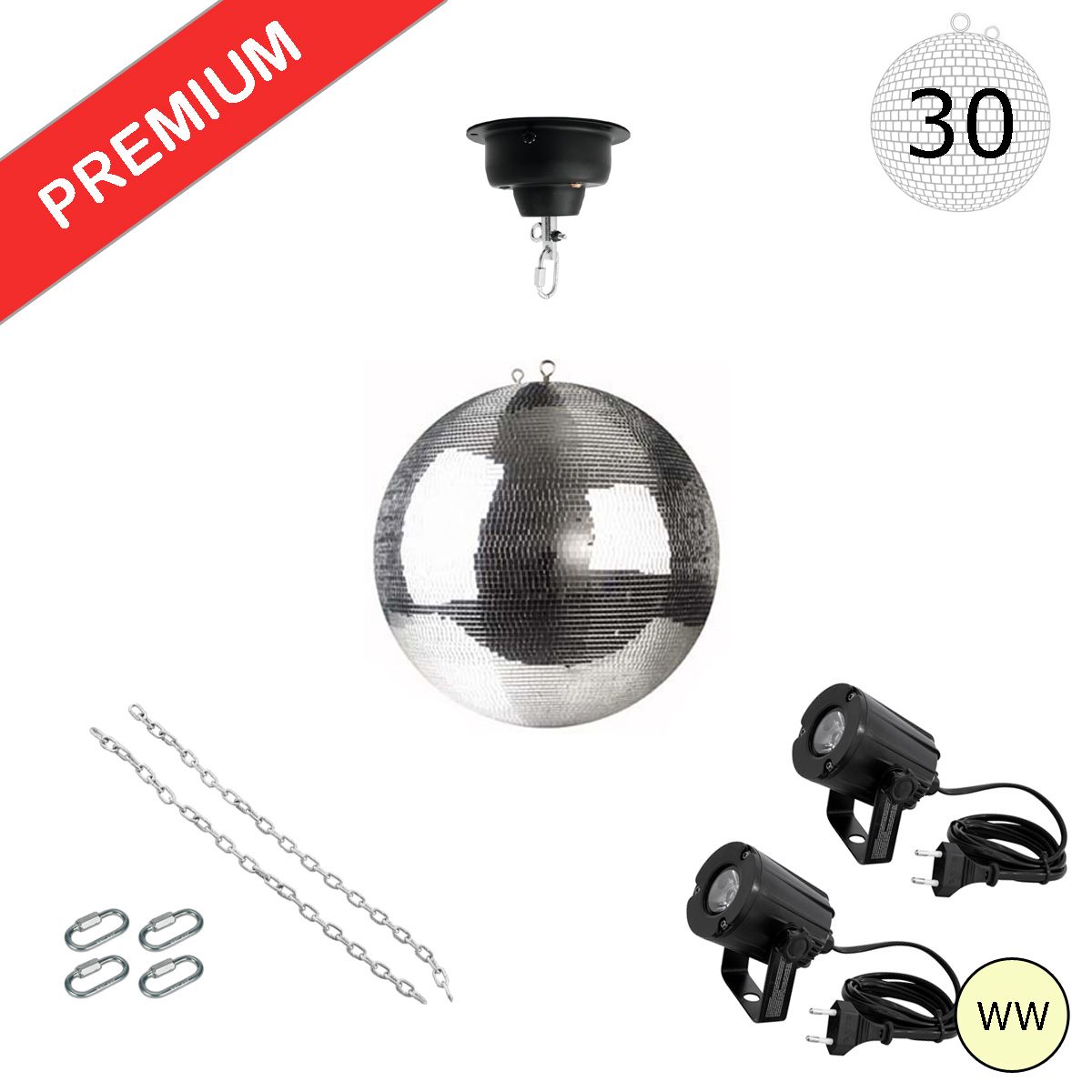 Spiegelkugel Komplettset - Discokugel, Motor, Pinspot, Montagematerial für Diskokugel - Mirrorball Set - Partyset