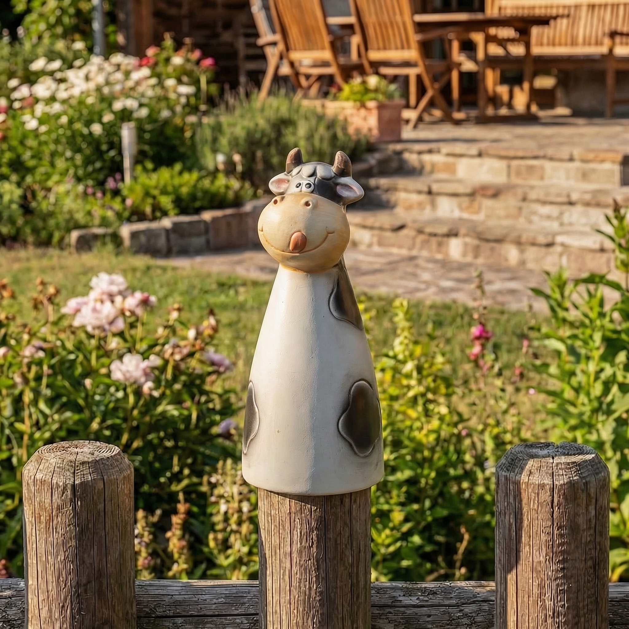Gartenfigur Kuh - Zaunhocker aus Terrakotta - Tierfigur für Zaun - H: 25cm