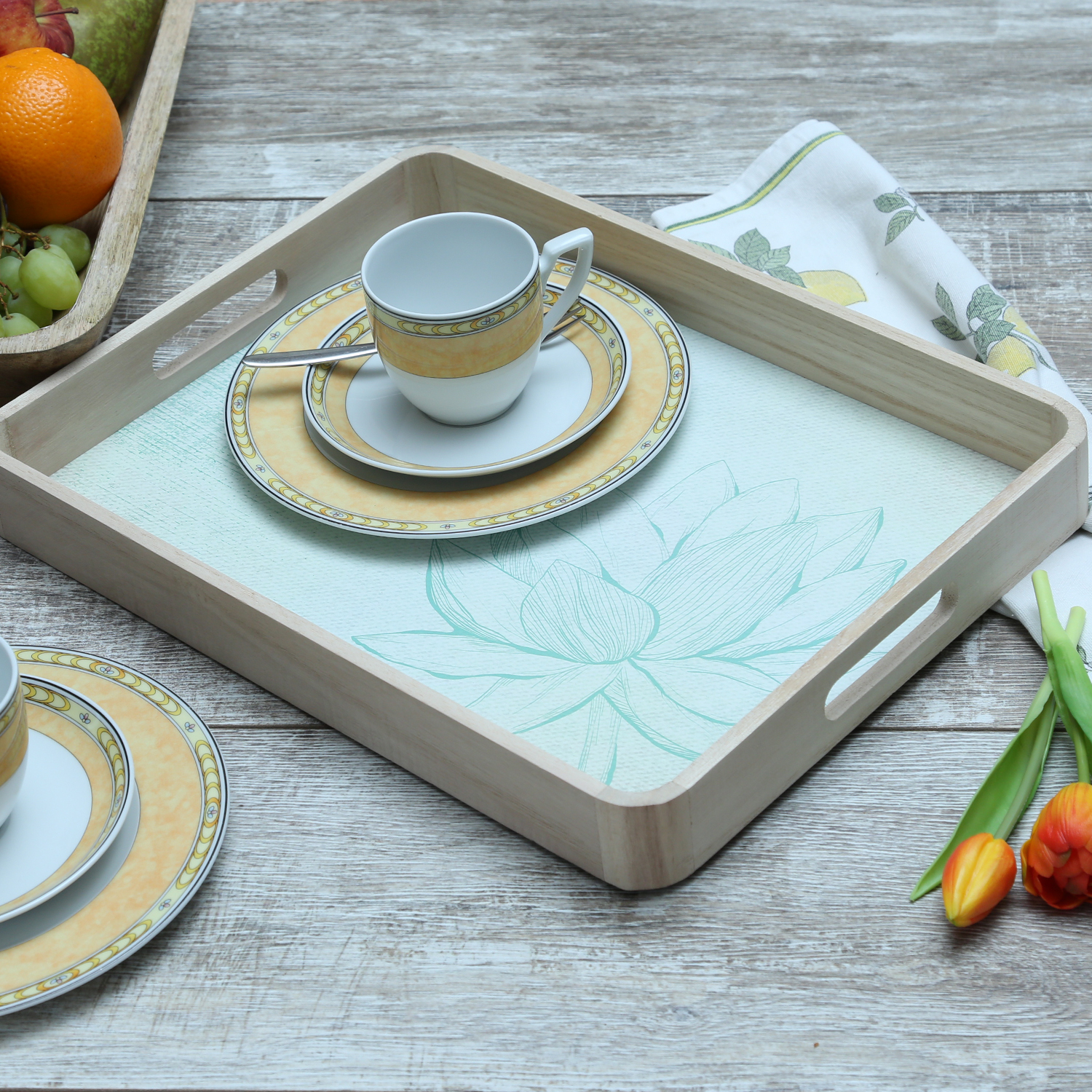 Tablett LOTUS - Dekotablett - Holz - L: 40cm - B: 30cm - weiß, grün Tablett LOTUS - Dekotablett - Holz - L: 40cm - B: 30cm - weiß, grün