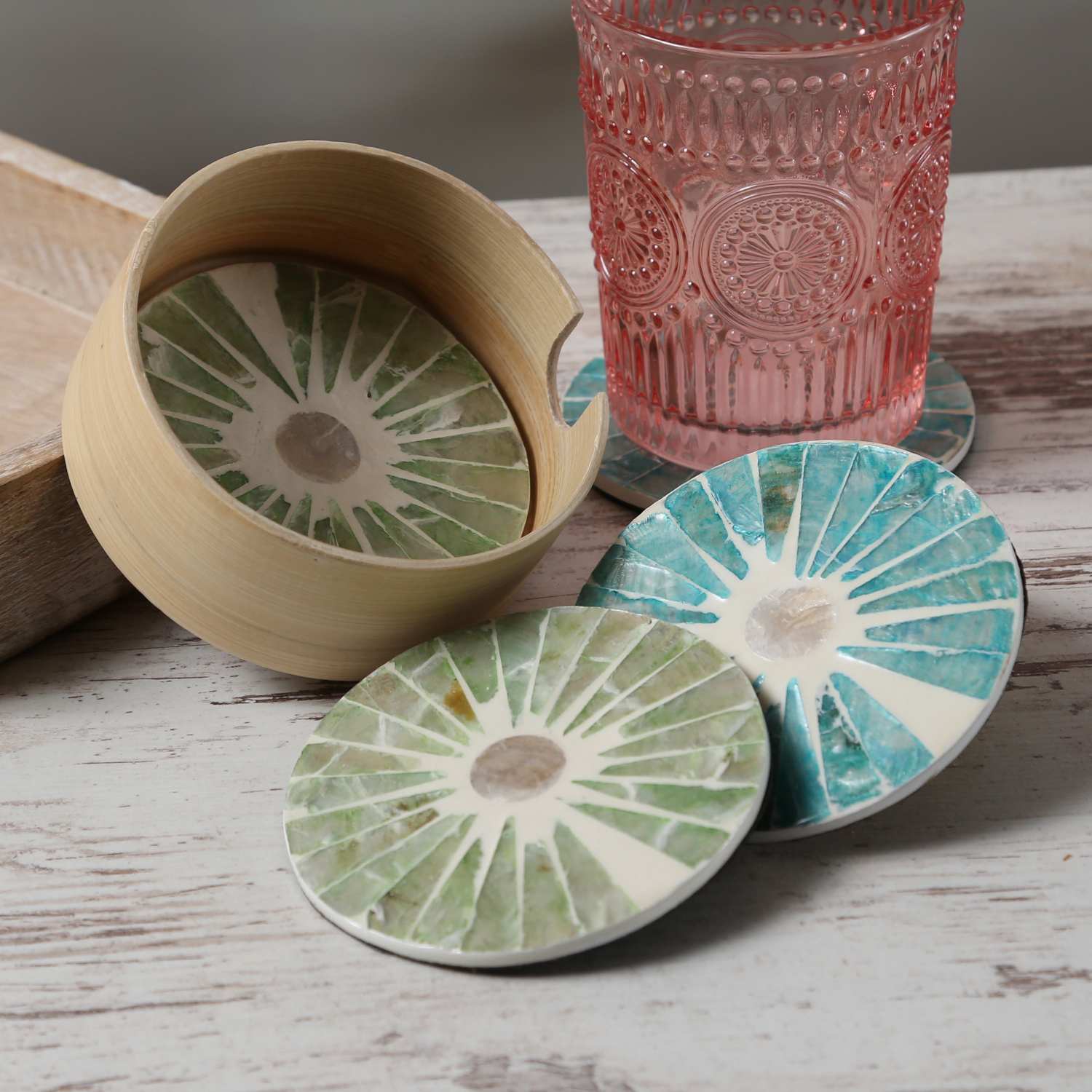 Getränkeuntersetzer - mediterranes Muster - Keramik - D: 9cm - rund - natur, grün, blau - 4er Set