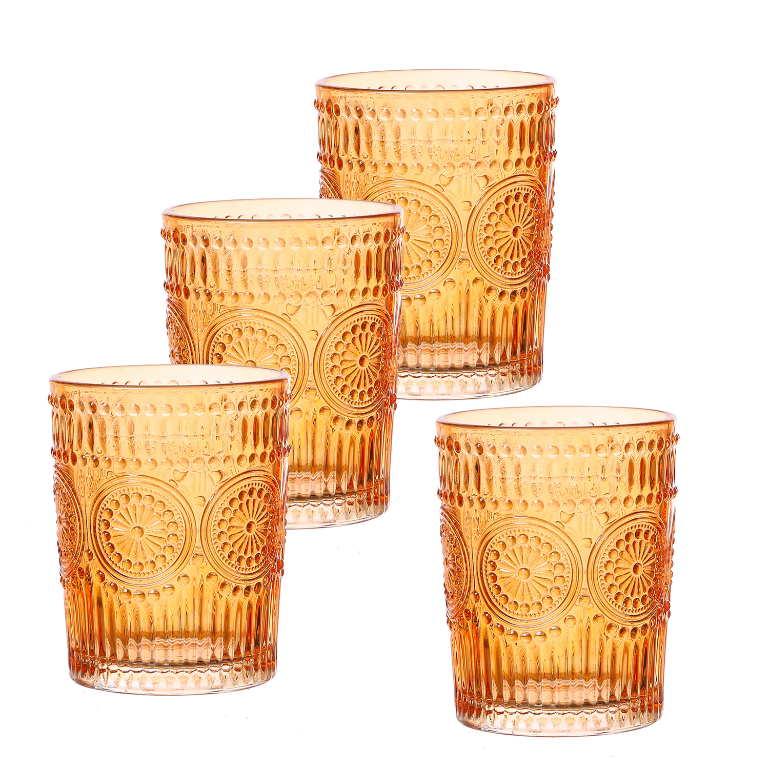 Trinkgläser Vintage - Glas - lebensmittelecht - 280ml - H: 10cm - mit Muster - orange - 4er Set