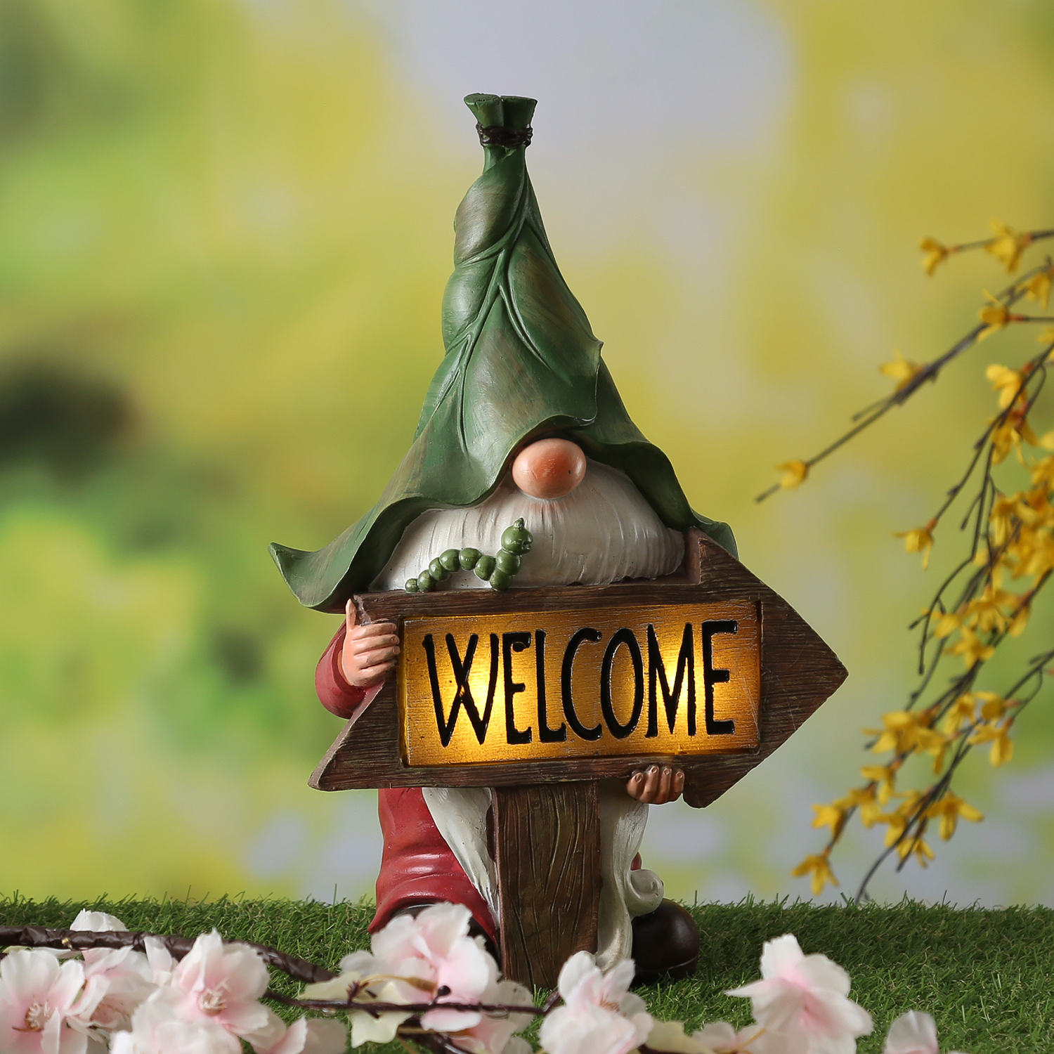 LED Solar Gartenzwerg mit WELCOME Schild - Gartenfigur - warmweiße LED - Lichtsensor - H: 33cm