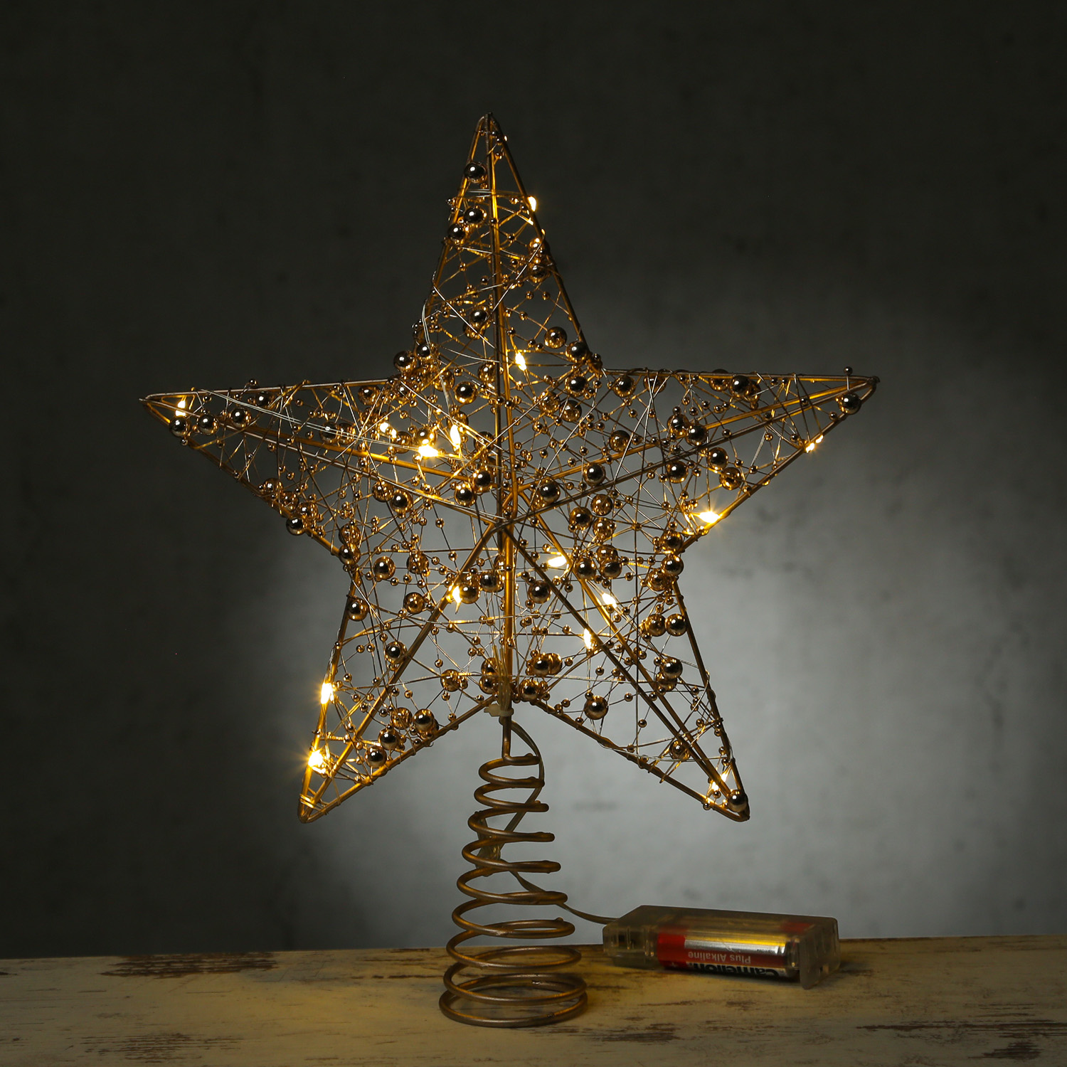LED Weihnachtsbaumspitze Stern mit Perlen - 15 warmweiße LED - Batterie - Timer - H: 29cm - gold