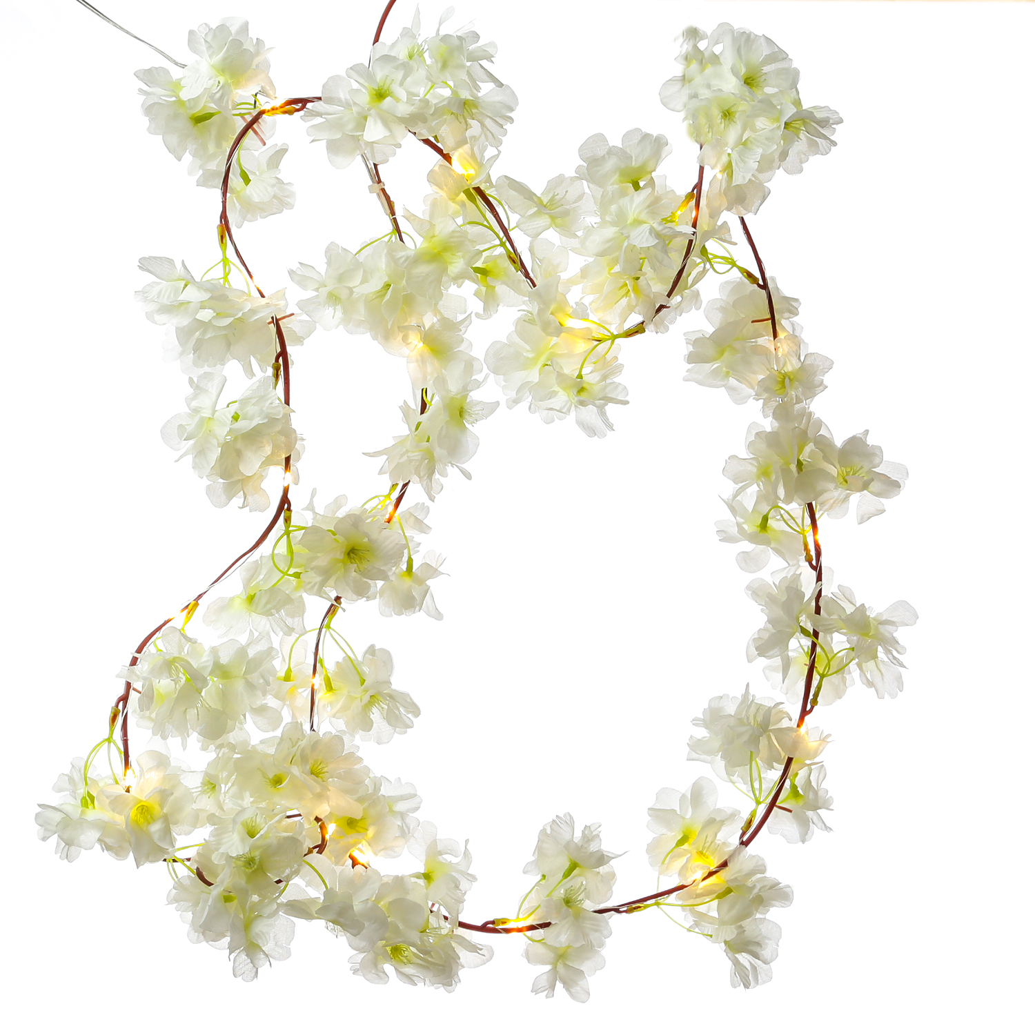 LED Lichterkette Kirschblüten - Blumengirlande - 20 warmweiße LED - Batterie - Timer - L:1,8m - weiß