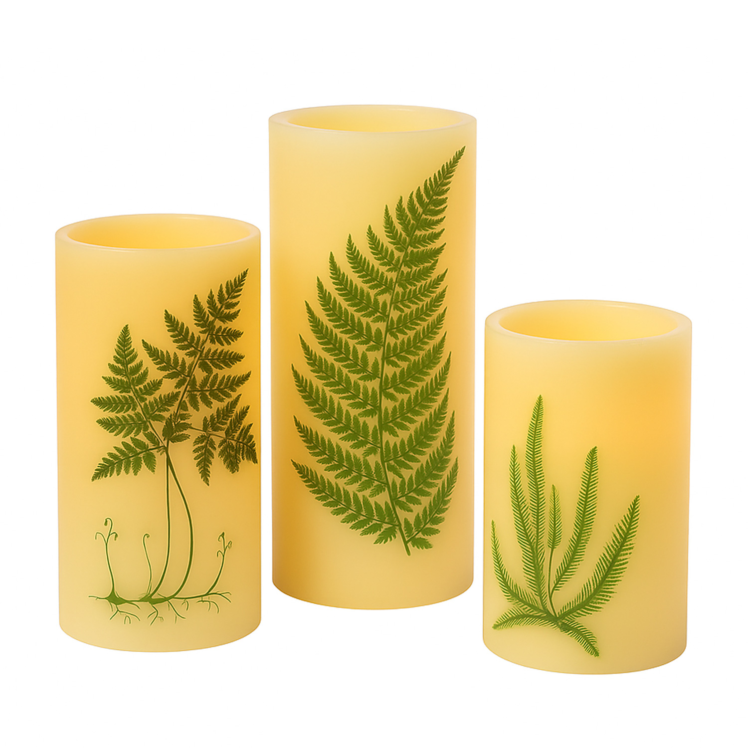 XXL LED Kerze mit Farndruck - Echtwachs - flackernde LED - H: 25cm - D: 12cm - weiß/grün