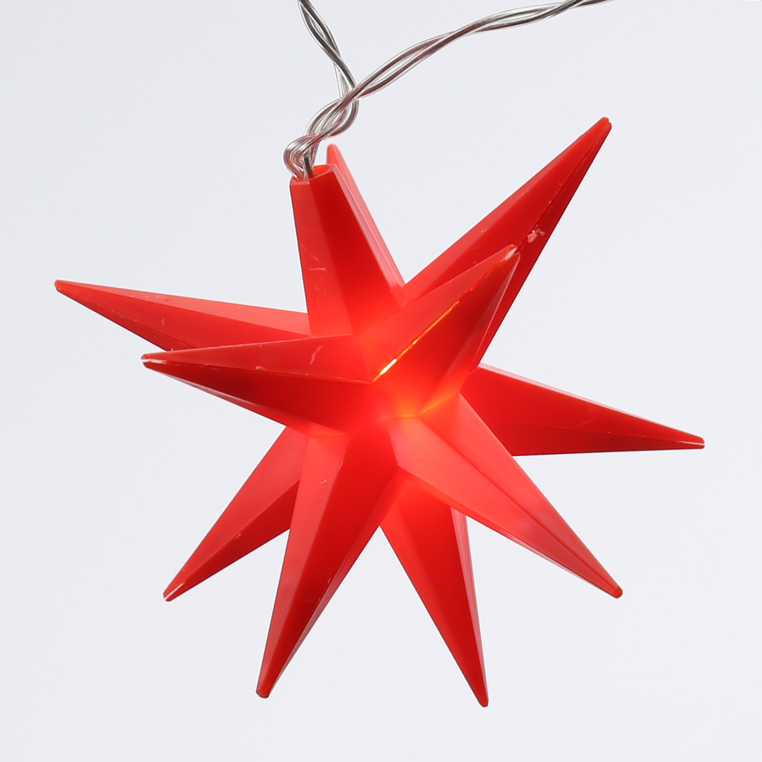 LED Lichterkette 3D Sterne - 10 warmweiße LED - L: 1,45m - Timer - Trafo - für Außen - rot