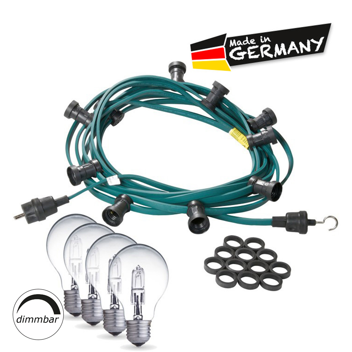 Illu-/Partylichterkette 30m - Außenlichterkette grün - Made in Germany- 30 weiße Halogenlampen (28W) Illu-/Partylichterkette 30m - Außenlichterkette grün - Made in Germany- 30 weiße Halogenlampen (28W)