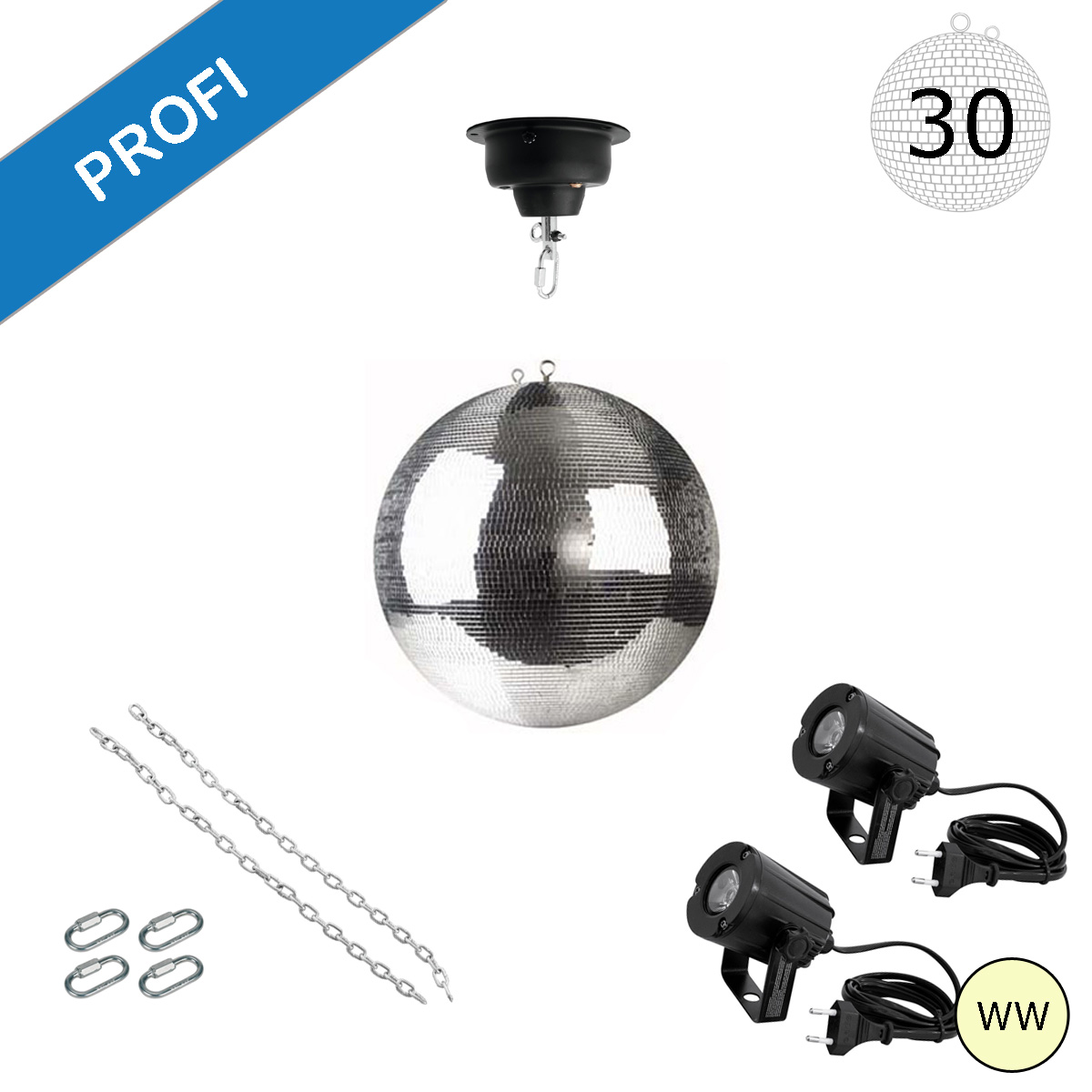 Spiegelkugel Komplettset - Discokugel, Motor, Pinspot, Montagematerial für Diskokugel - Mirrorball Set - Partyset