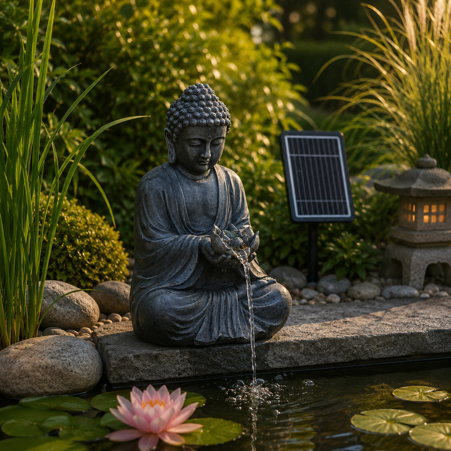 Solar Brunnen Buddha - Gartenbrunnen - Teichbrunnen - Polyresin - H: 37cm - Außen