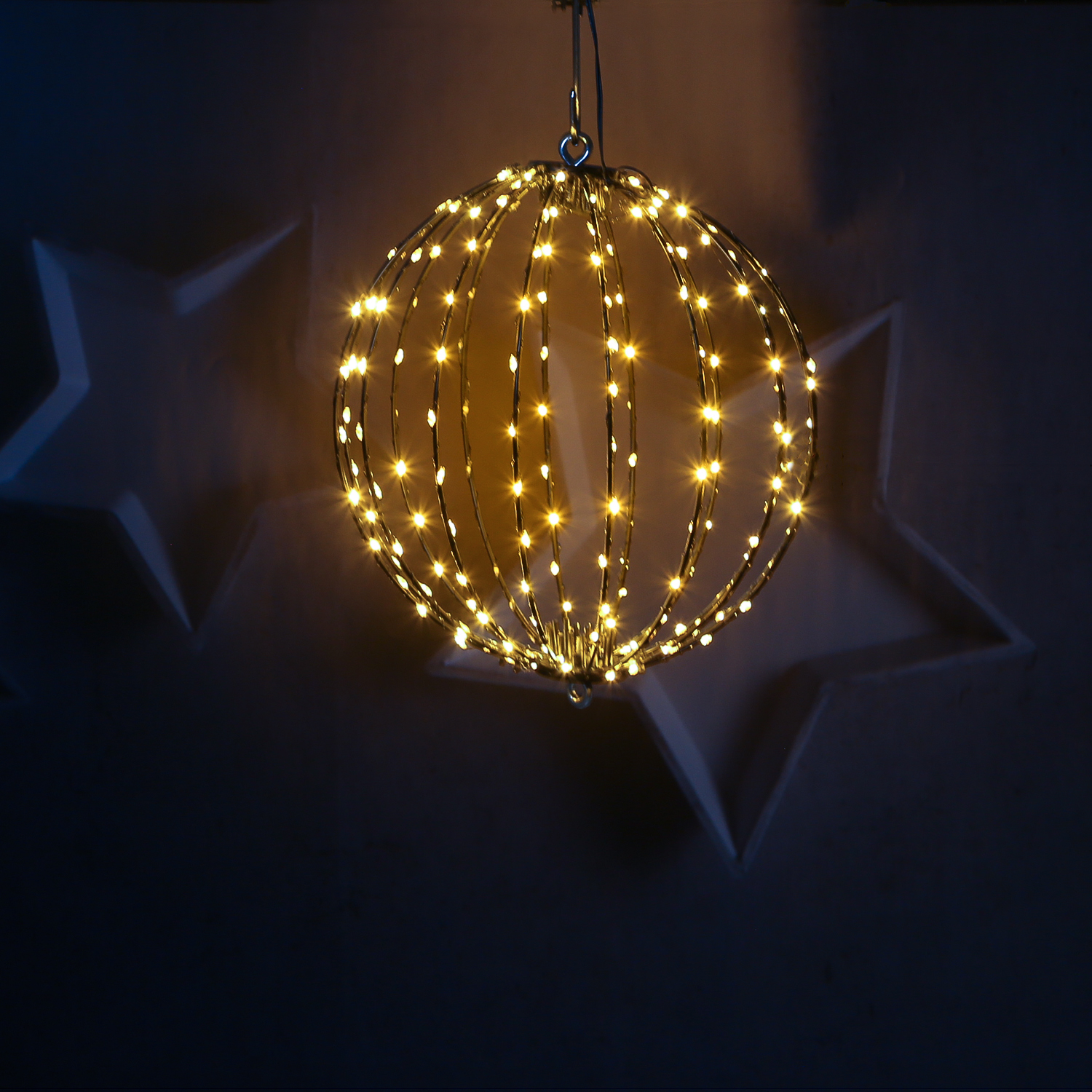 LED Drahtkugel - 3D Leuchtkugel - D: 28cm - 192 bernstein LED - faltbar - 8 Modi/Timer - Innen/Außen