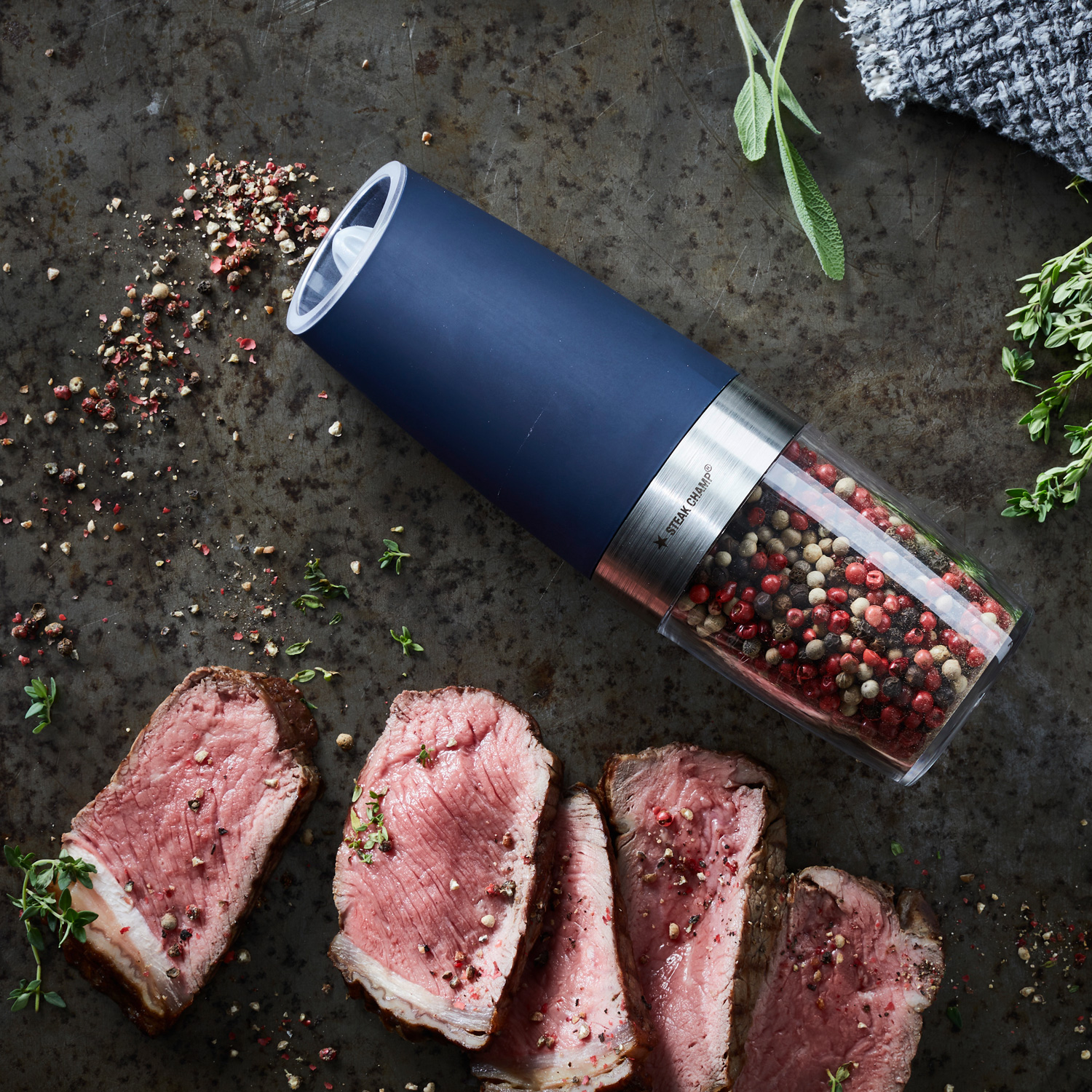 STEAK CHAMP Pfeffermühle mit Kippsensor und LED Licht - Keramikmahlwerk