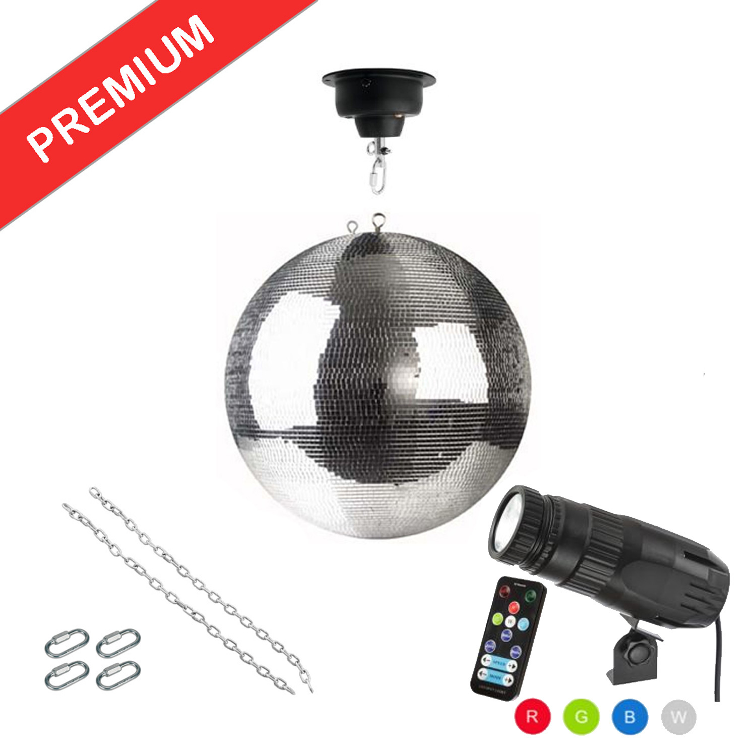 Spiegelkugel Komplettset - Discokugel, Motor, Pinspot, Montagematerial für Diskokugel - Mirrorball Set - Partyset
