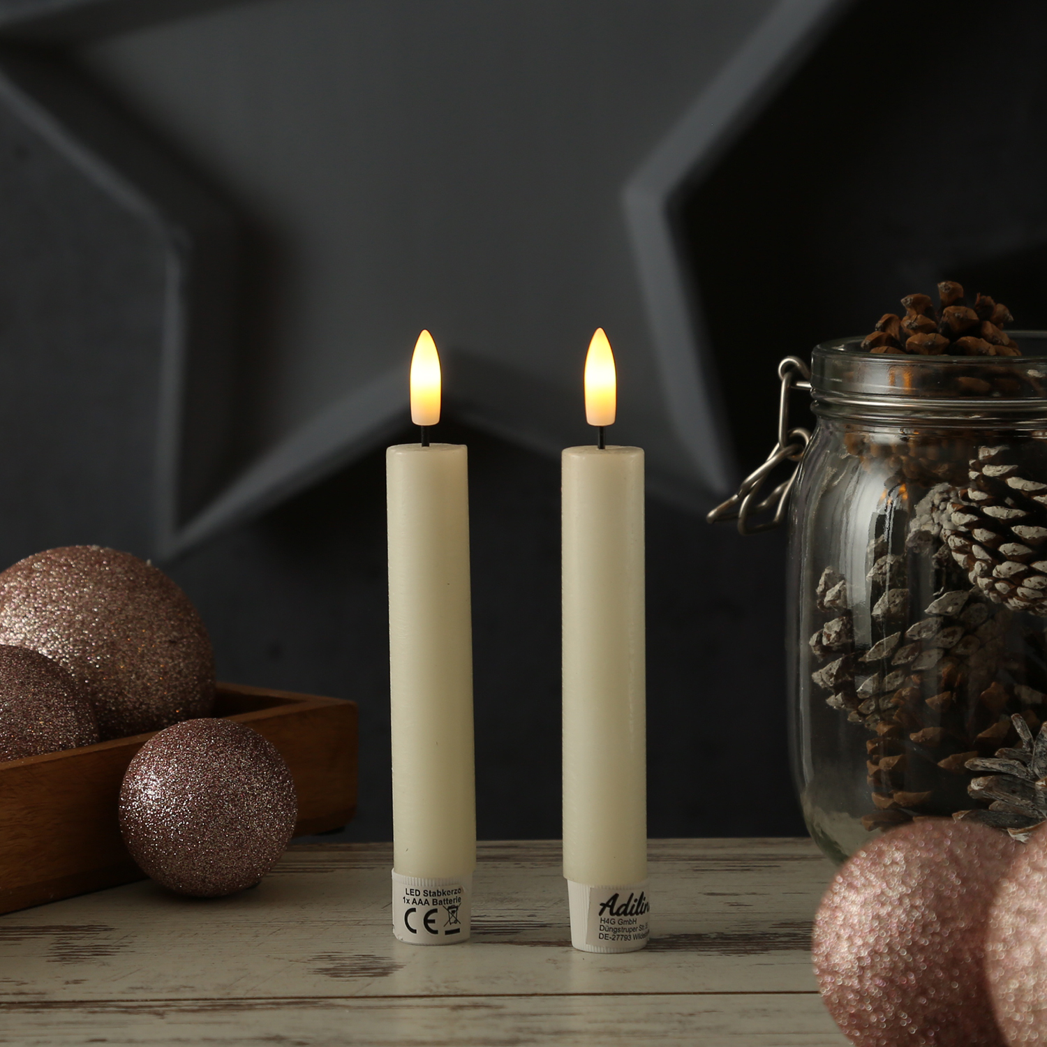 LED Stabkerzen LINA - Rustik-Optik - Echtwachs - 3D Flamme - H: 16cm - Timer - creme - 2er Set