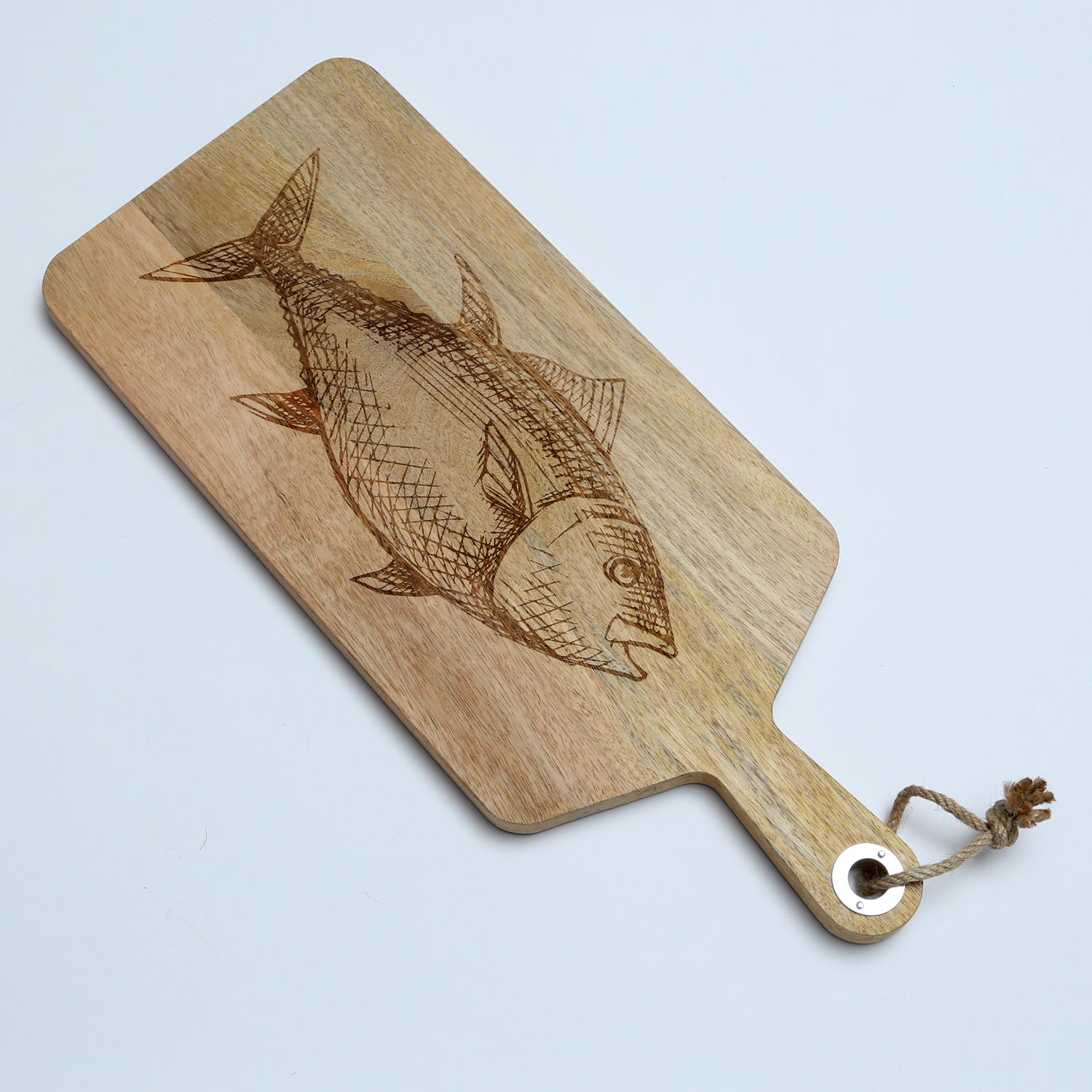 Schneidebrett - Vesperbrett - Fischmotiv - Mangoholz - Kordel - L: 58cm - natur Schneidebrett - Vesperbrett - Fischmotiv - Mangoholz - Kordel - L: 58cm - natur