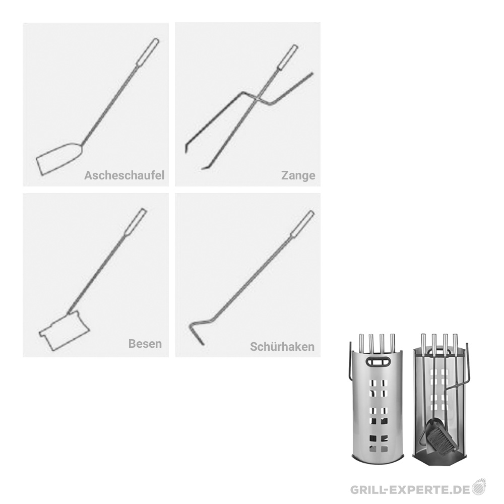 Kaminbesteck 5teilig - Metall - mit Sichtschutzblech - 4 Werkzeuge - Edelstahlgriffe