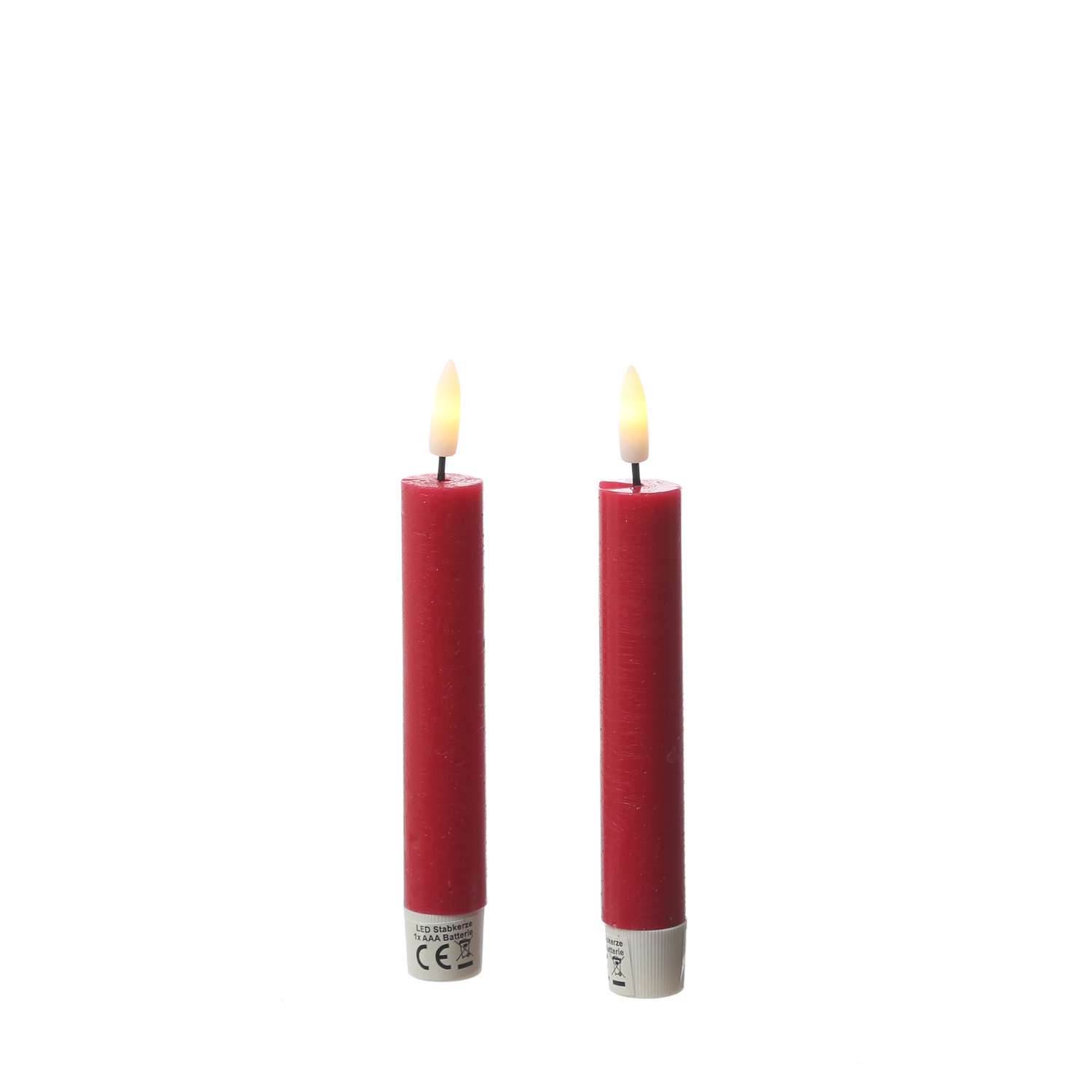 LED Stabkerzen LINA - Rustik-Optik - Echtwachs - 3D Flamme - H: 16cm - Timer - rot - 2er Set
